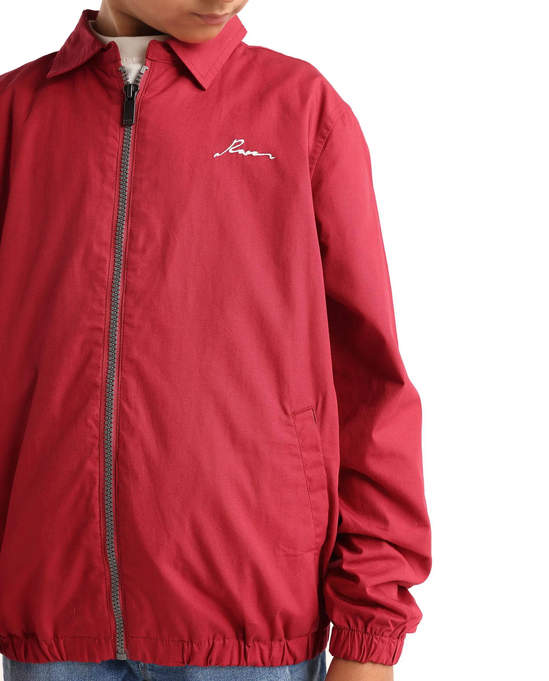 Rare Ones Kids Piba Red Cotton Zipper Closure Spread Collar Plain Full Sleeves Slim Fit Jacket - Image 4