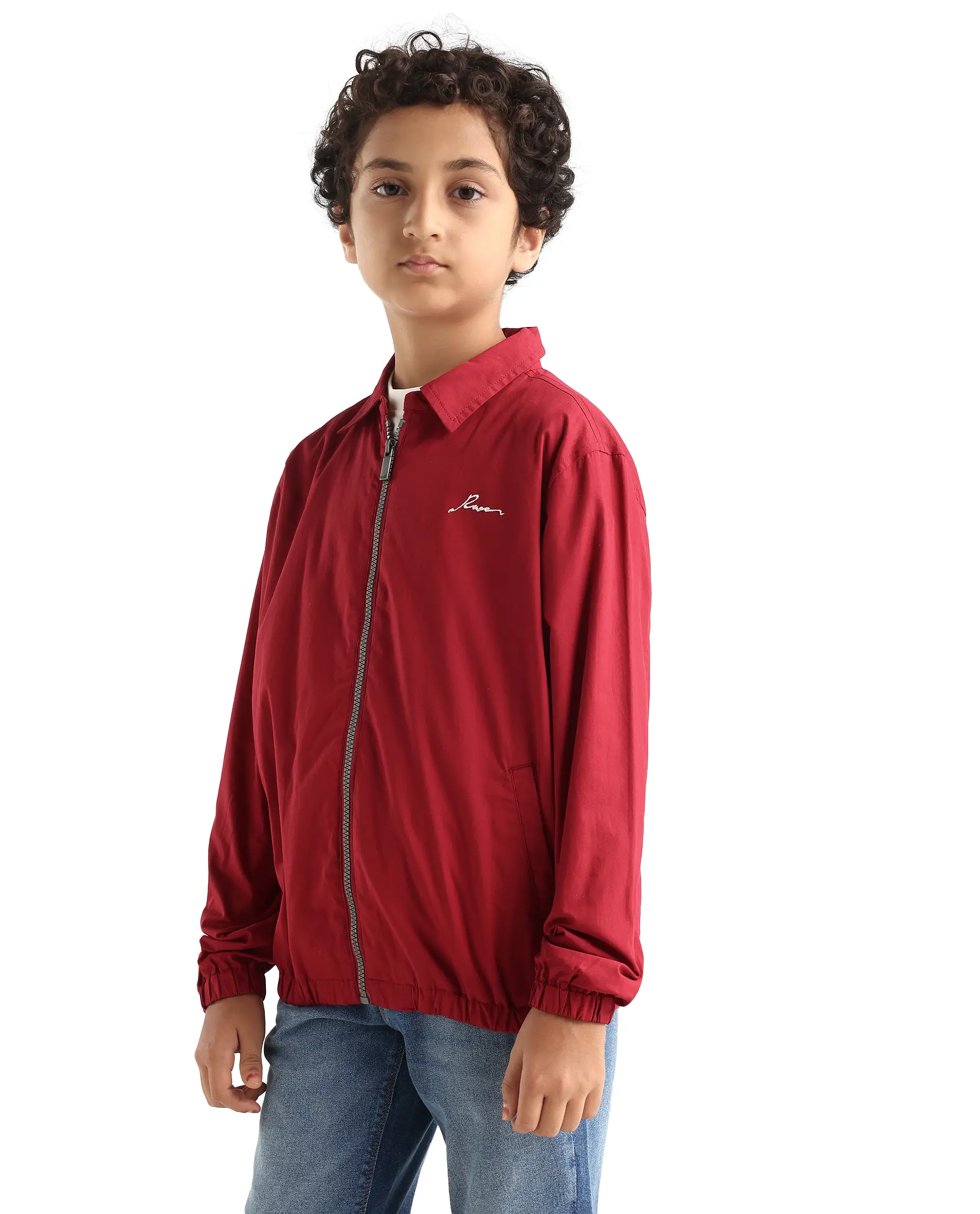Rare Ones Kids Piba Red Cotton Zipper Closure Spread Collar Plain Full Sleeves Slim Fit Jacket - Image 5