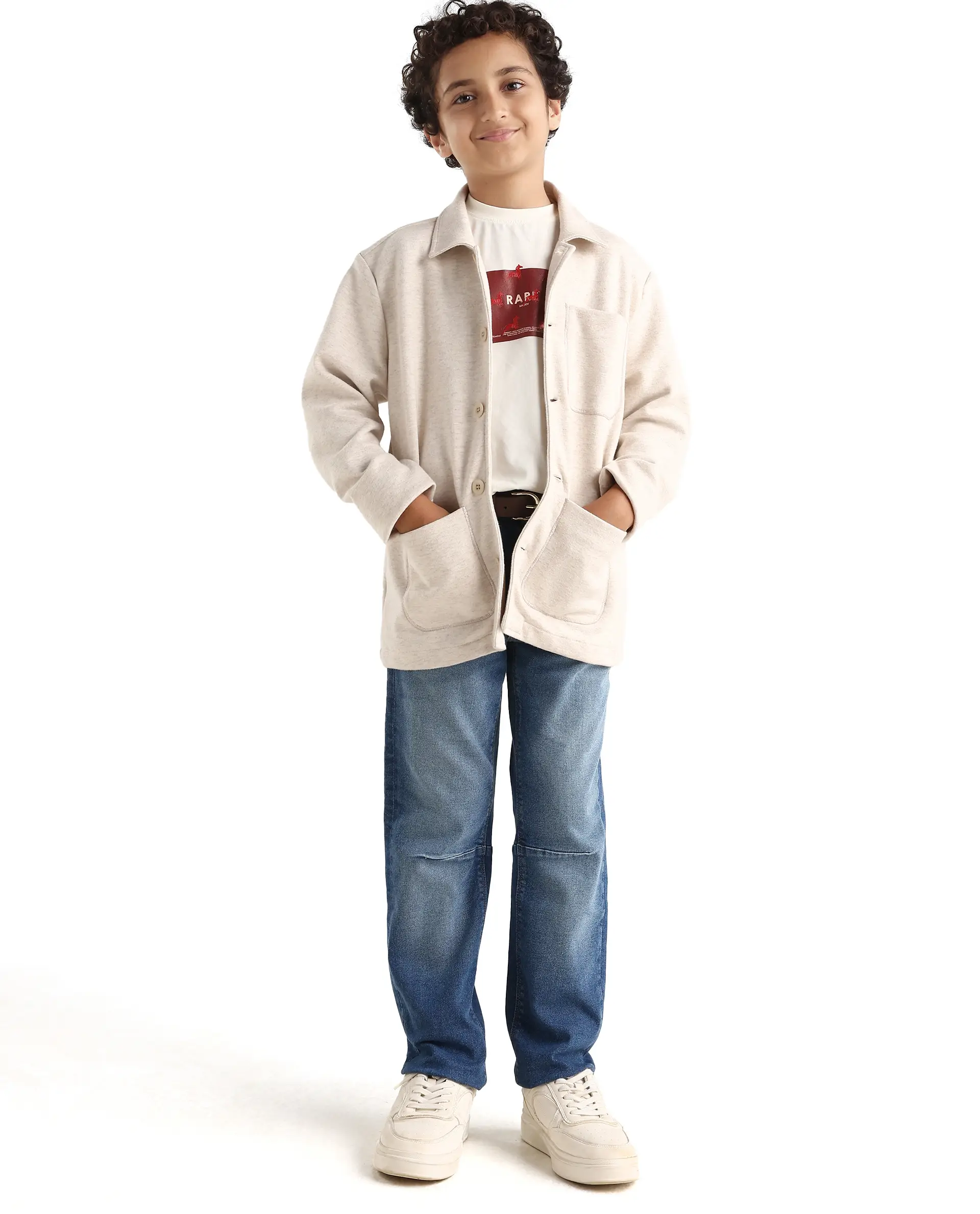 Rare Ones Kids Van-K Beige Cotton Blend Button Closure Flat Collar Plain Full Sleeves Regular Fit Jacket - Image 2