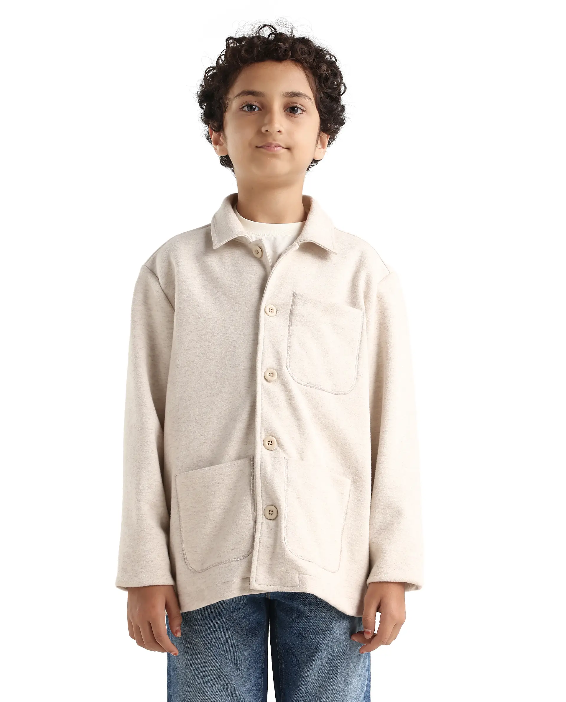 Rare Ones Kids Van-K Beige Cotton Blend Button Closure Flat Collar Plain Full Sleeves Regular Fit Jacket - Image 3