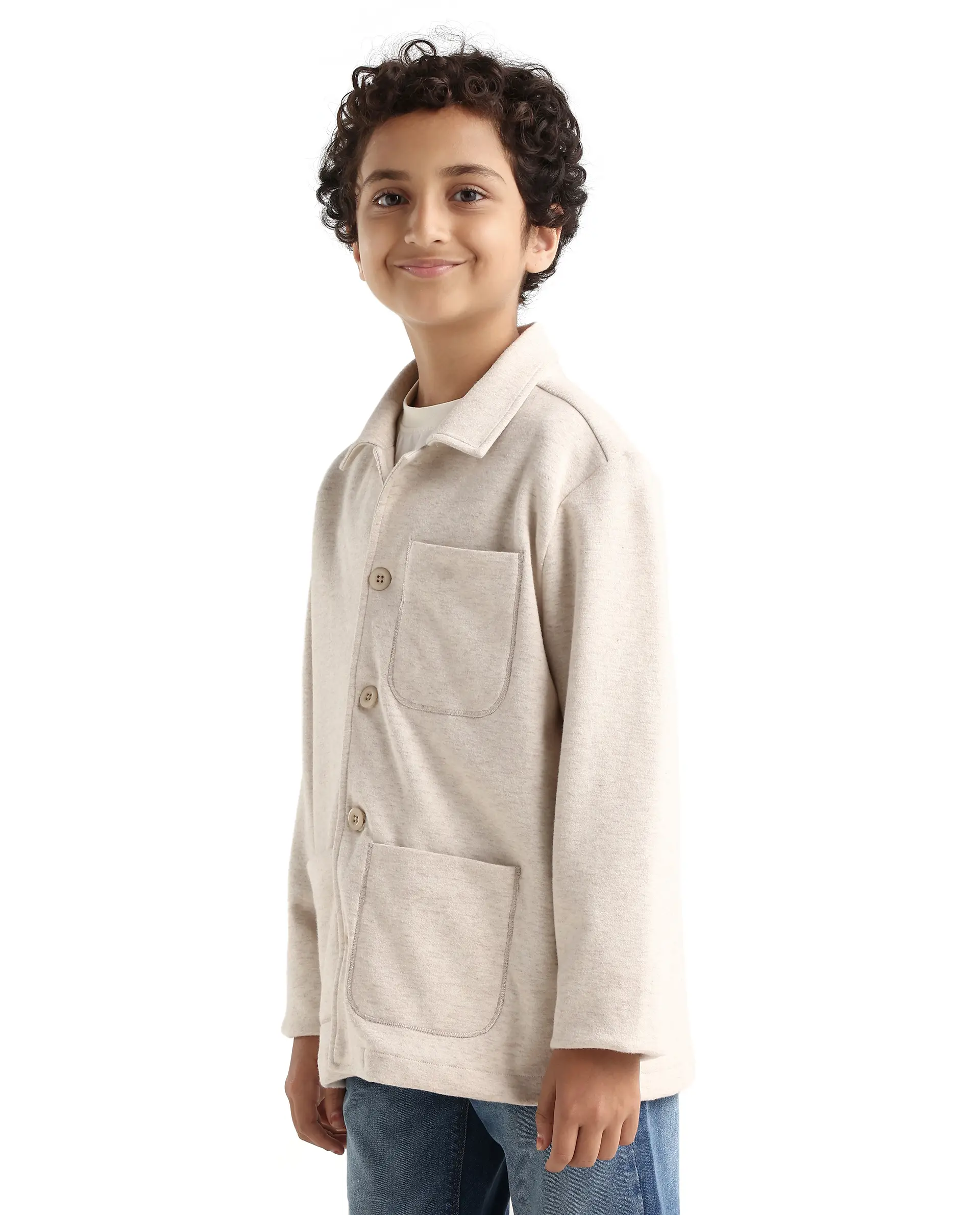Rare Ones Kids Van-K Beige Cotton Blend Button Closure Flat Collar Plain Full Sleeves Regular Fit Jacket - Image 5