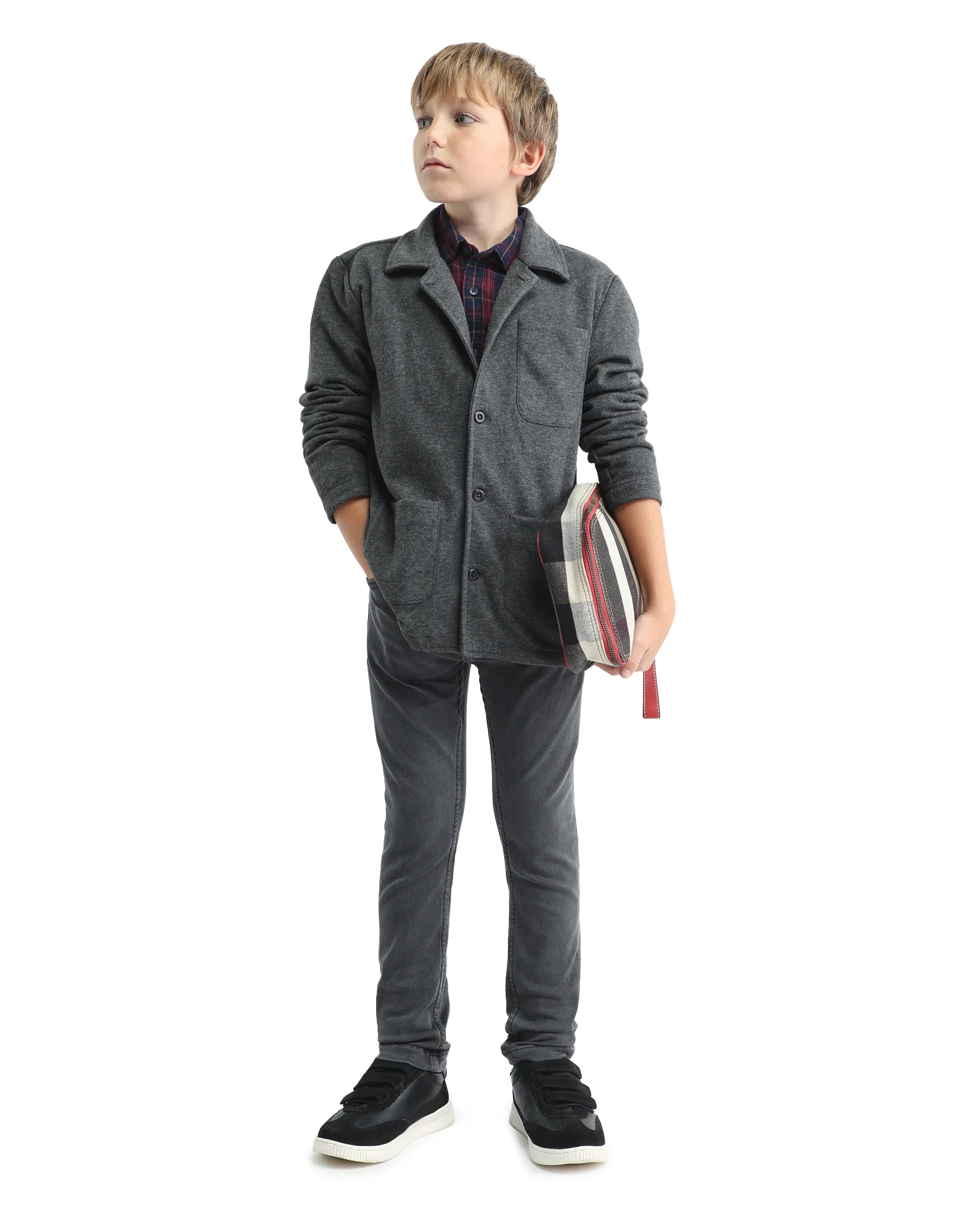 Rare Ones Kids Van-K Grey Cotton Blend Button Closure Flat Collar Plain Full Sleeves Regular Fit Jacket - Image 2