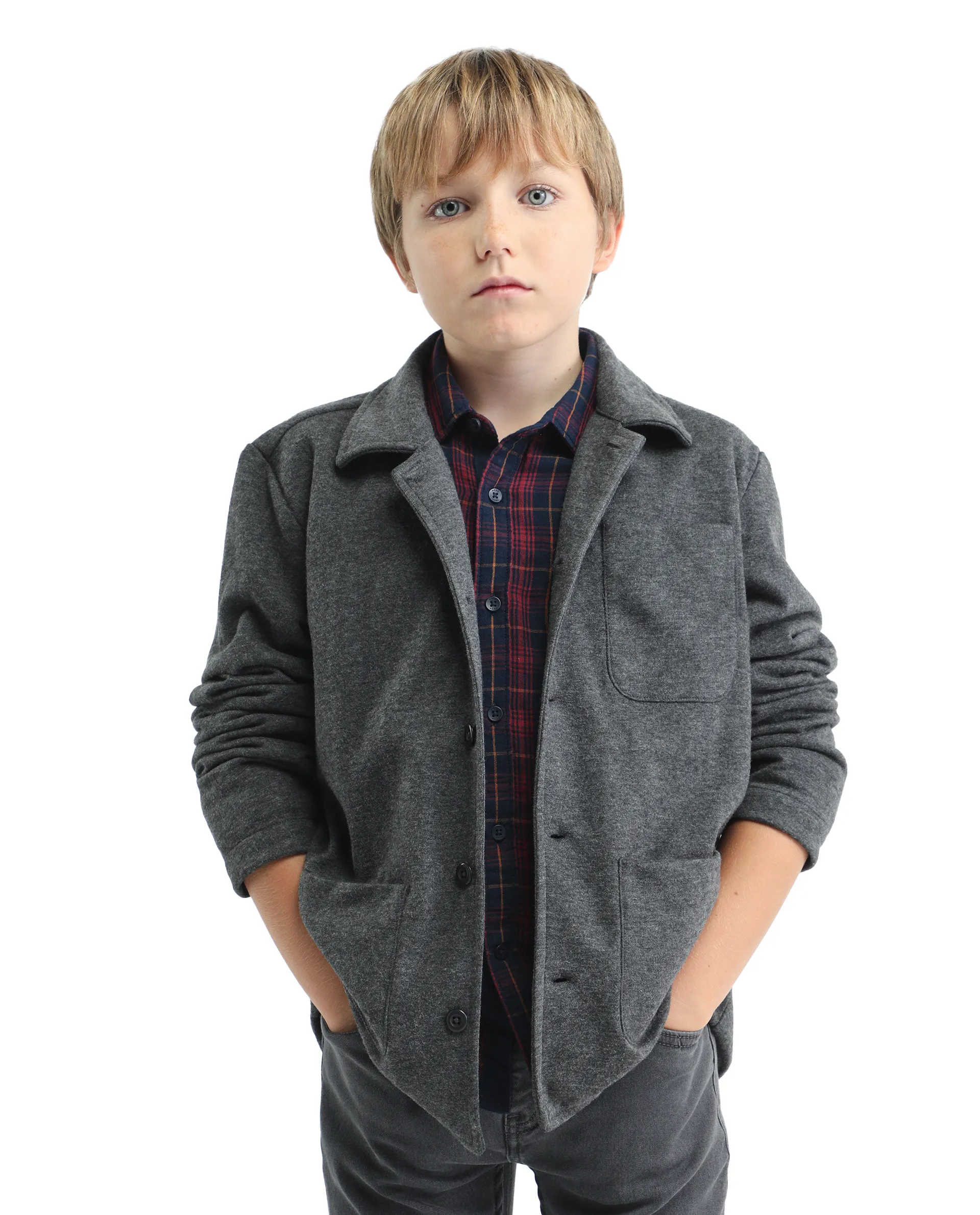 Rare Ones Kids Van-K Grey Cotton Blend Button Closure Flat Collar Plain Full Sleeves Regular Fit Jacket - Image 3