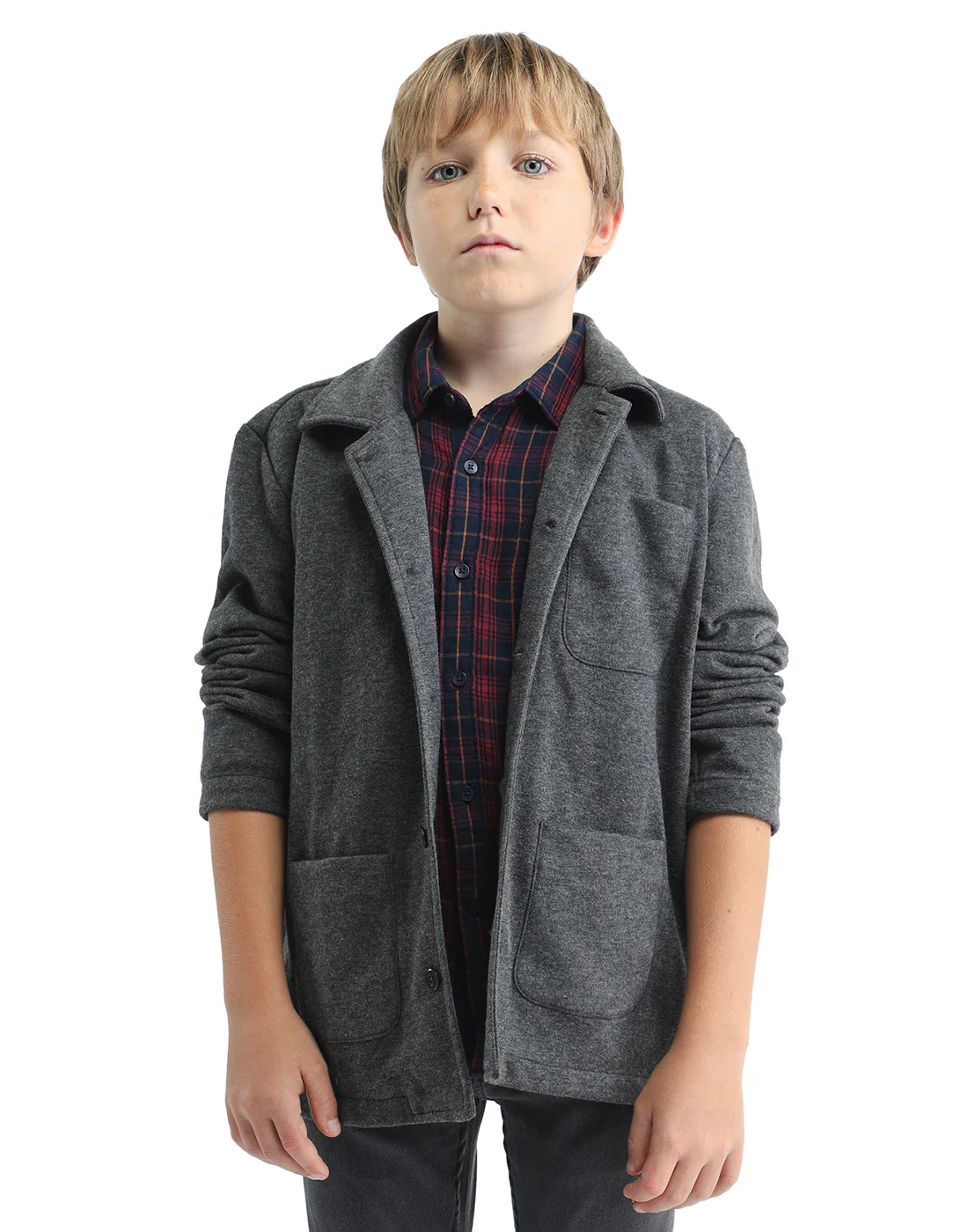 Rare Ones Kids Van-K Grey Cotton Blend Button Closure Flat Collar Plain Full Sleeves Regular Fit Jacket - Image 4