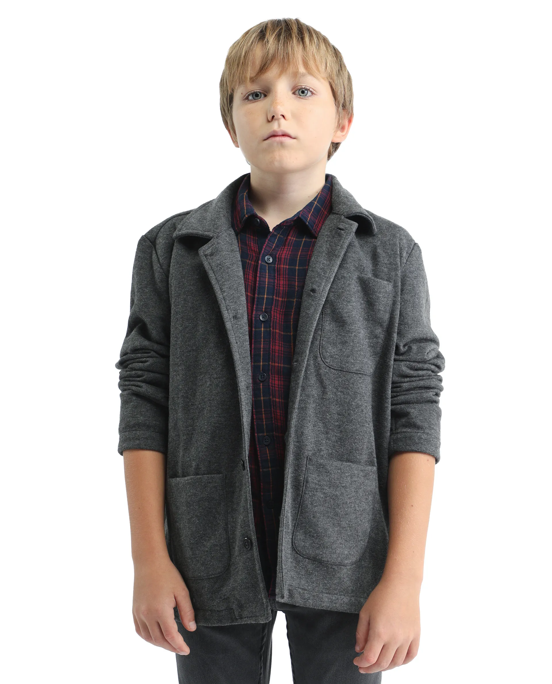 Rare Ones Kids Van-K Grey Cotton Blend Button Closure Flat Collar Plain Full Sleeves Regular Fit Jacket - Image 5