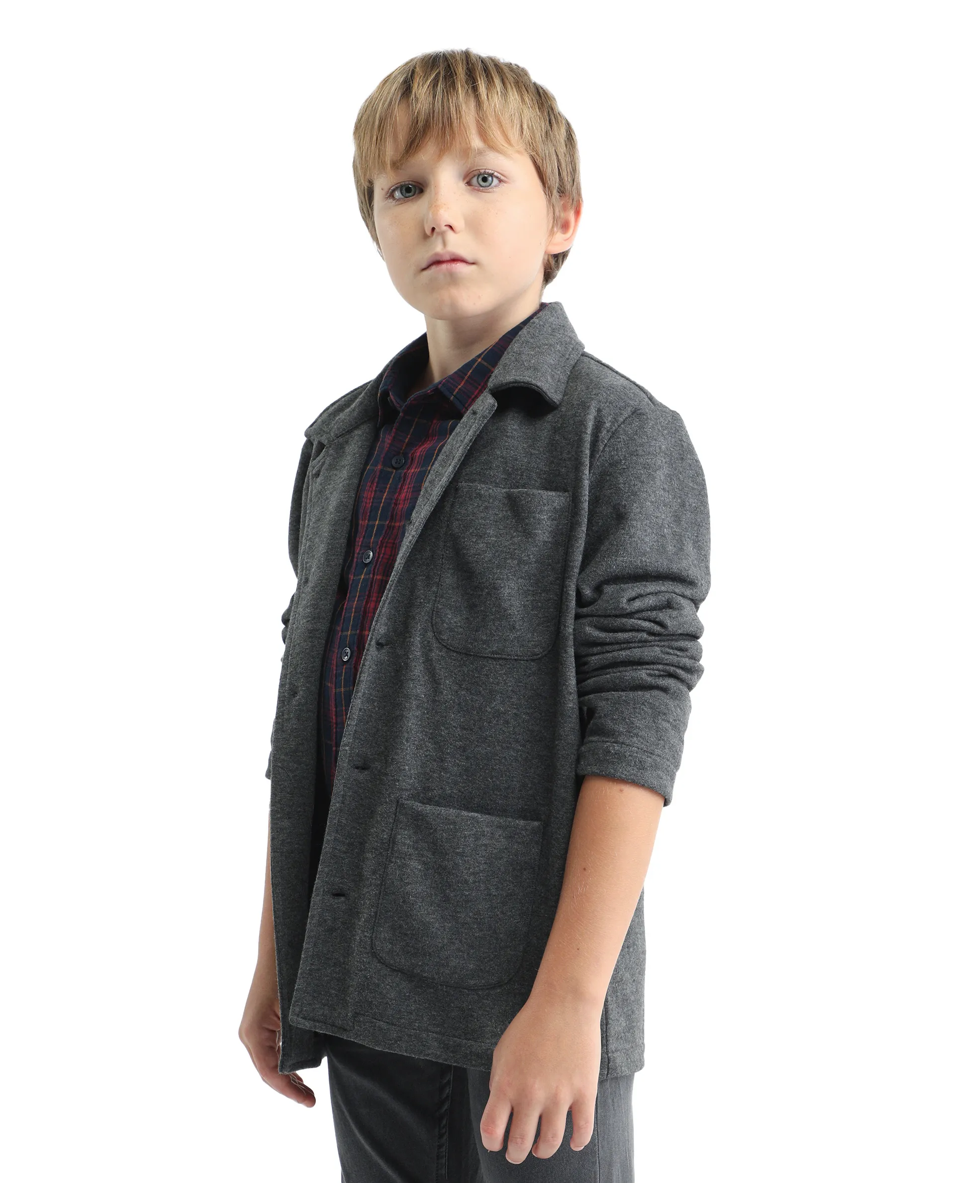 Rare Ones Kids Van-K Grey Cotton Blend Button Closure Flat Collar Plain Full Sleeves Regular Fit Jacket - Image 6