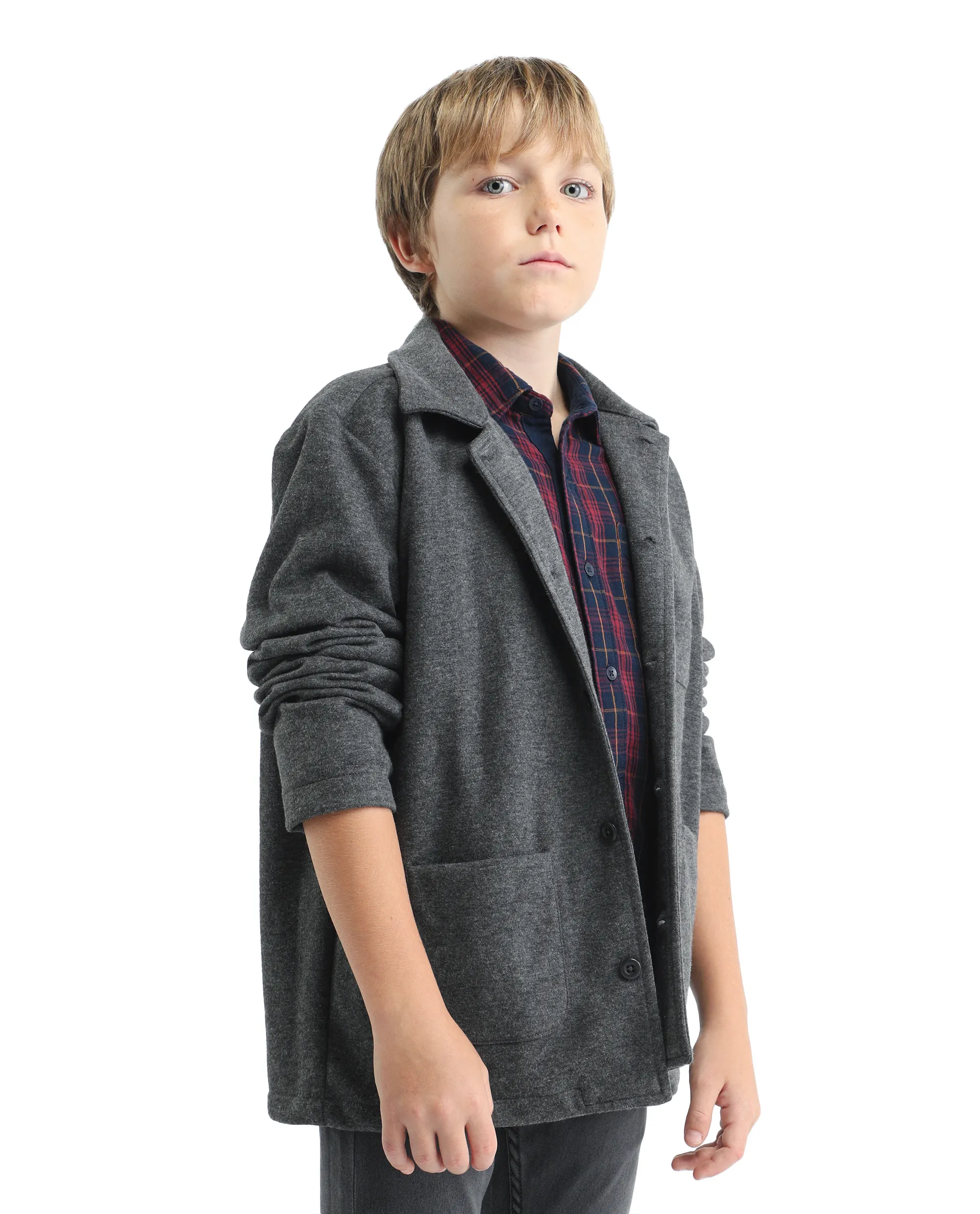 Rare Ones Kids Van-K Grey Cotton Blend Button Closure Flat Collar Plain Full Sleeves Regular Fit Jacket - Image 8