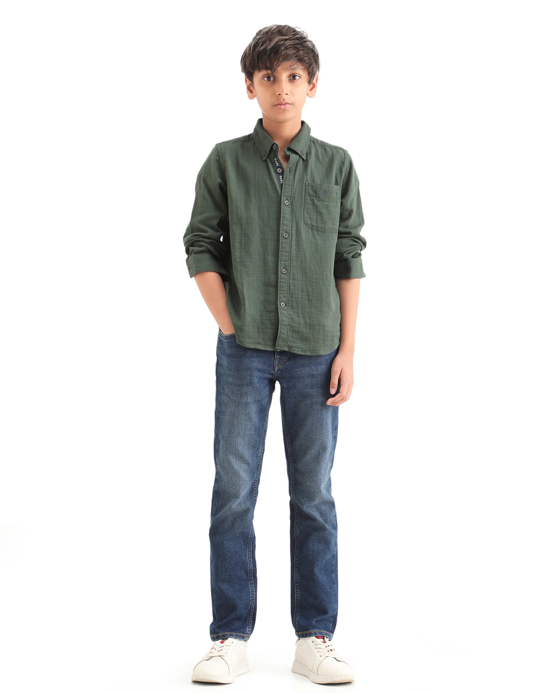 Rare Ones Kids Benos Blue Cotton Button And Zipper Closure Plain Slim Fit Jeans - Image 2