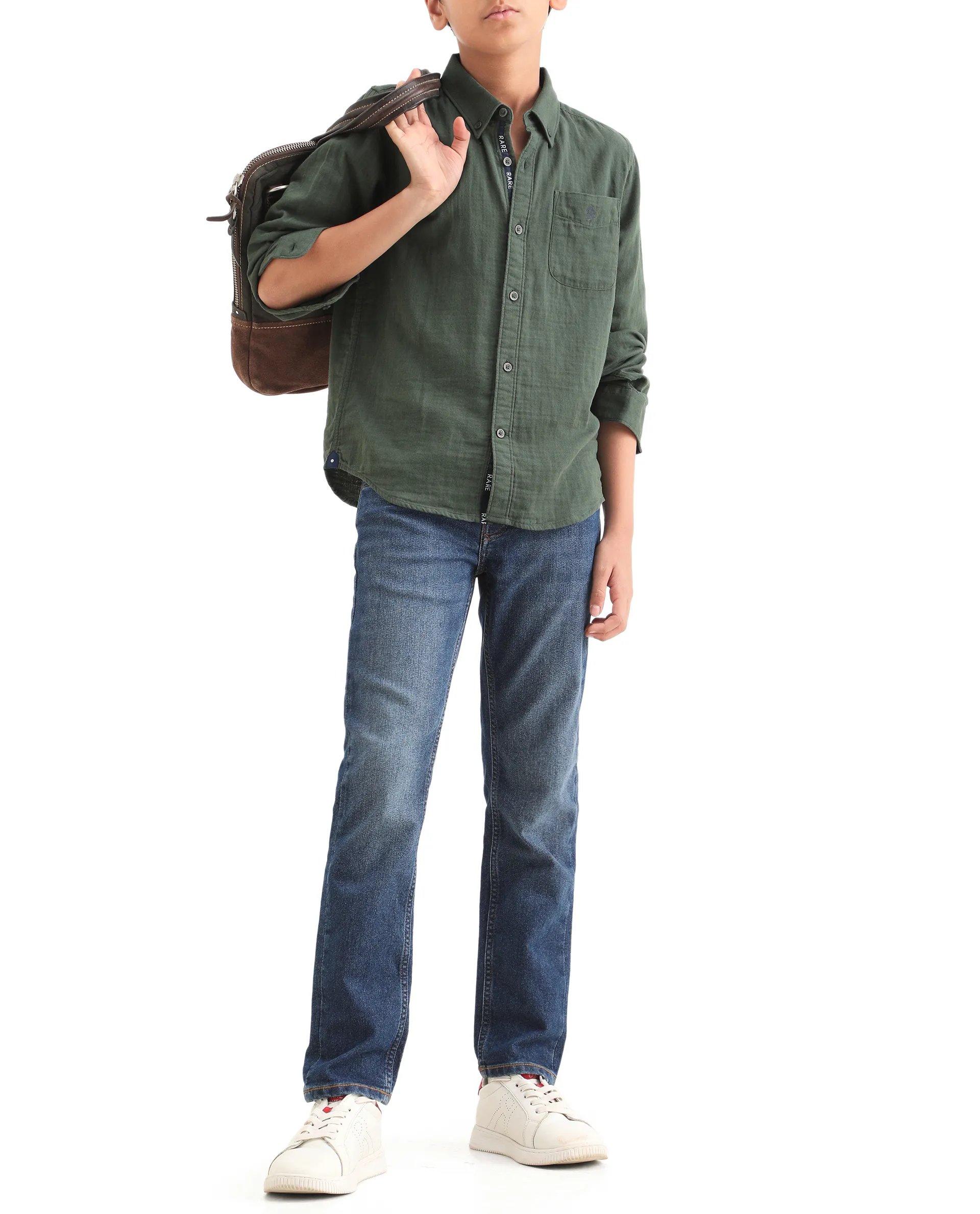 Rare Ones Kids Benos Blue Cotton Button And Zipper Closure Plain Slim Fit Jeans - Image 3