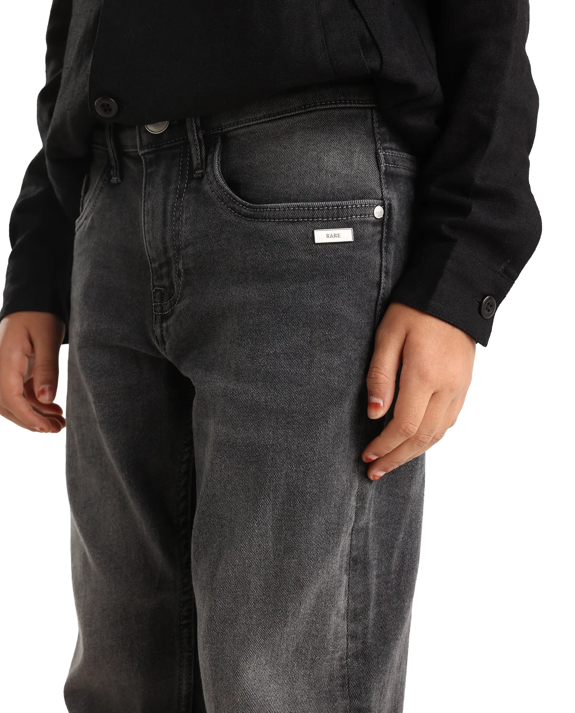 Rare Ones Kids Biro Grey Cotton Blend Button And Zipper Closure Plain Regular Fit Jeans - Image 3