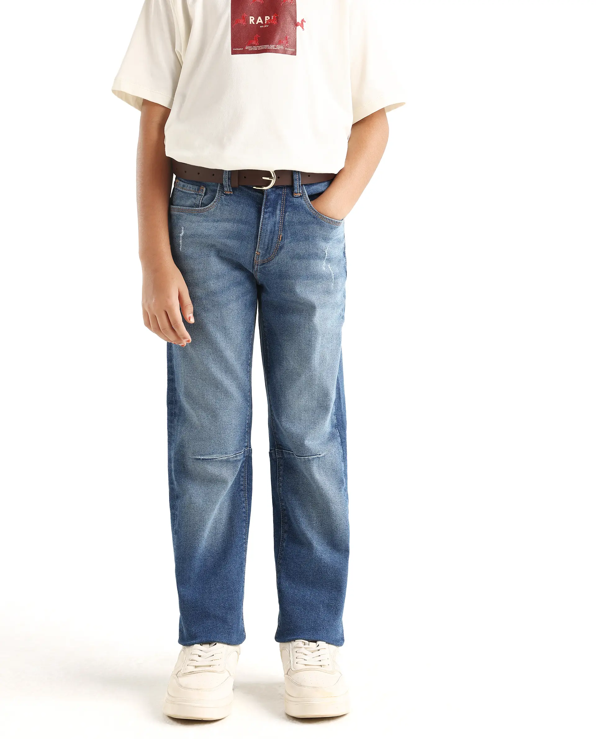 Rare Ones Kids Colt Light Blue Cotton Blend Button And Zipper Closure Plain Regular Fit Jeans - Image 2