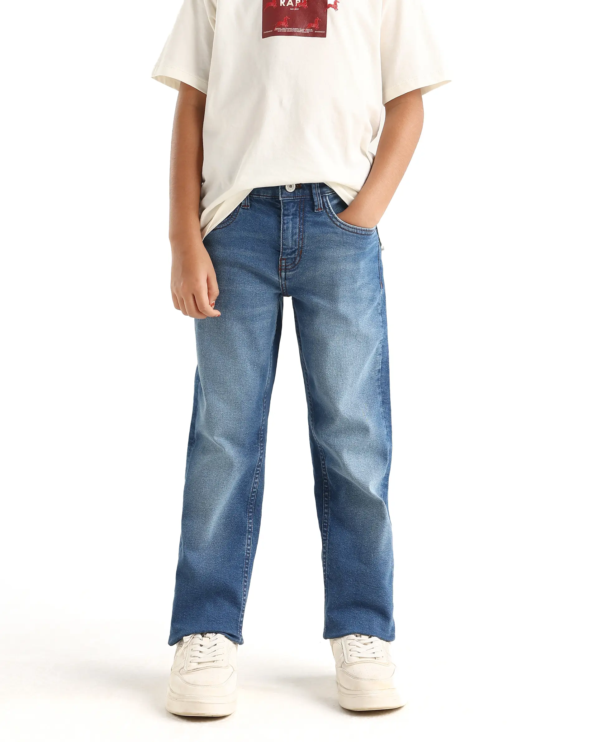 Rare Ones Kids Daw Dark Blue Cotton Blend Button And Zipper Closure Plain Regular Fit Jeans - Image 2