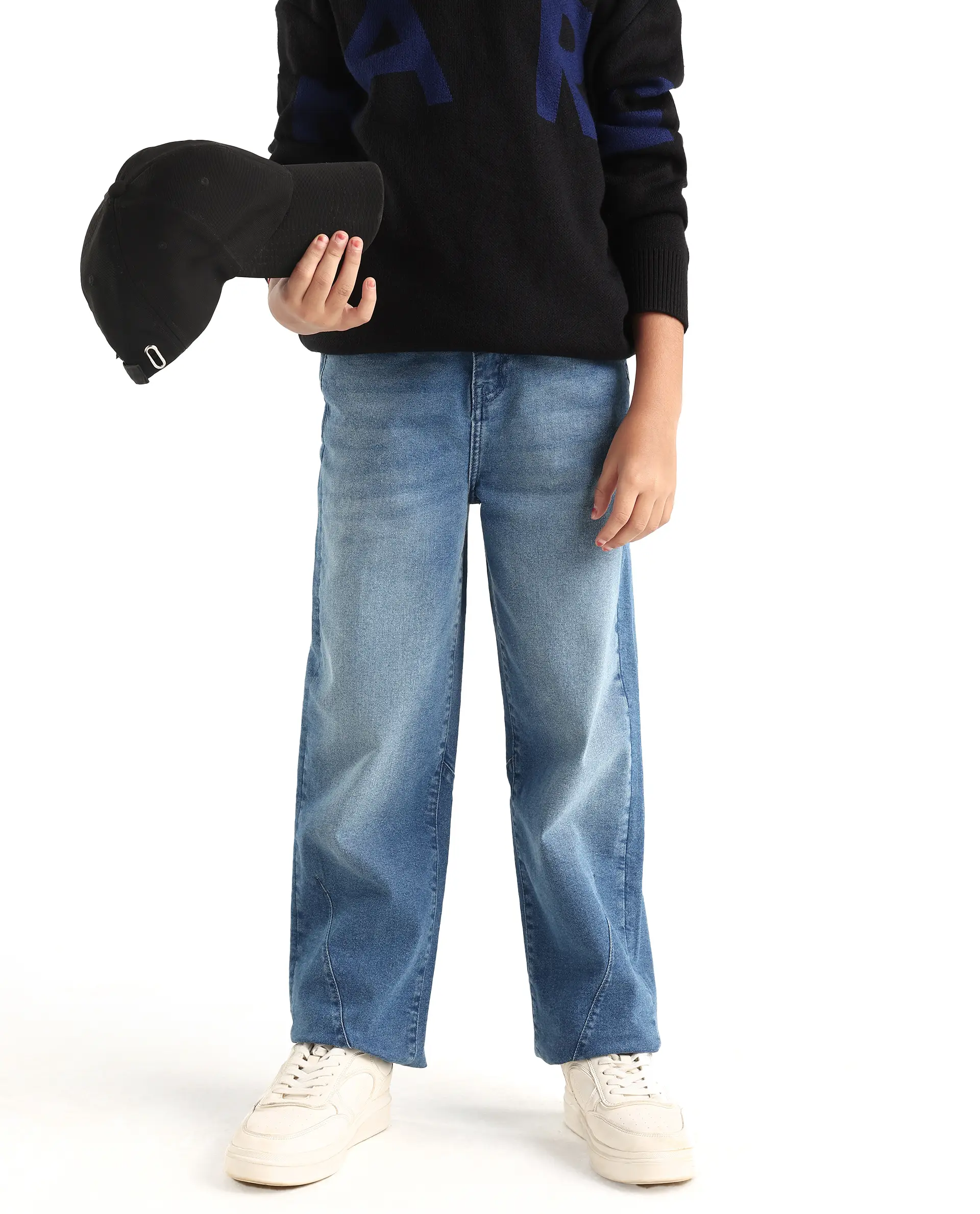 Rare Ones Kids Dawson Blue Cotton Blend Button And Zipper Closure Plain Slouchy Fit Jeans - Image 2