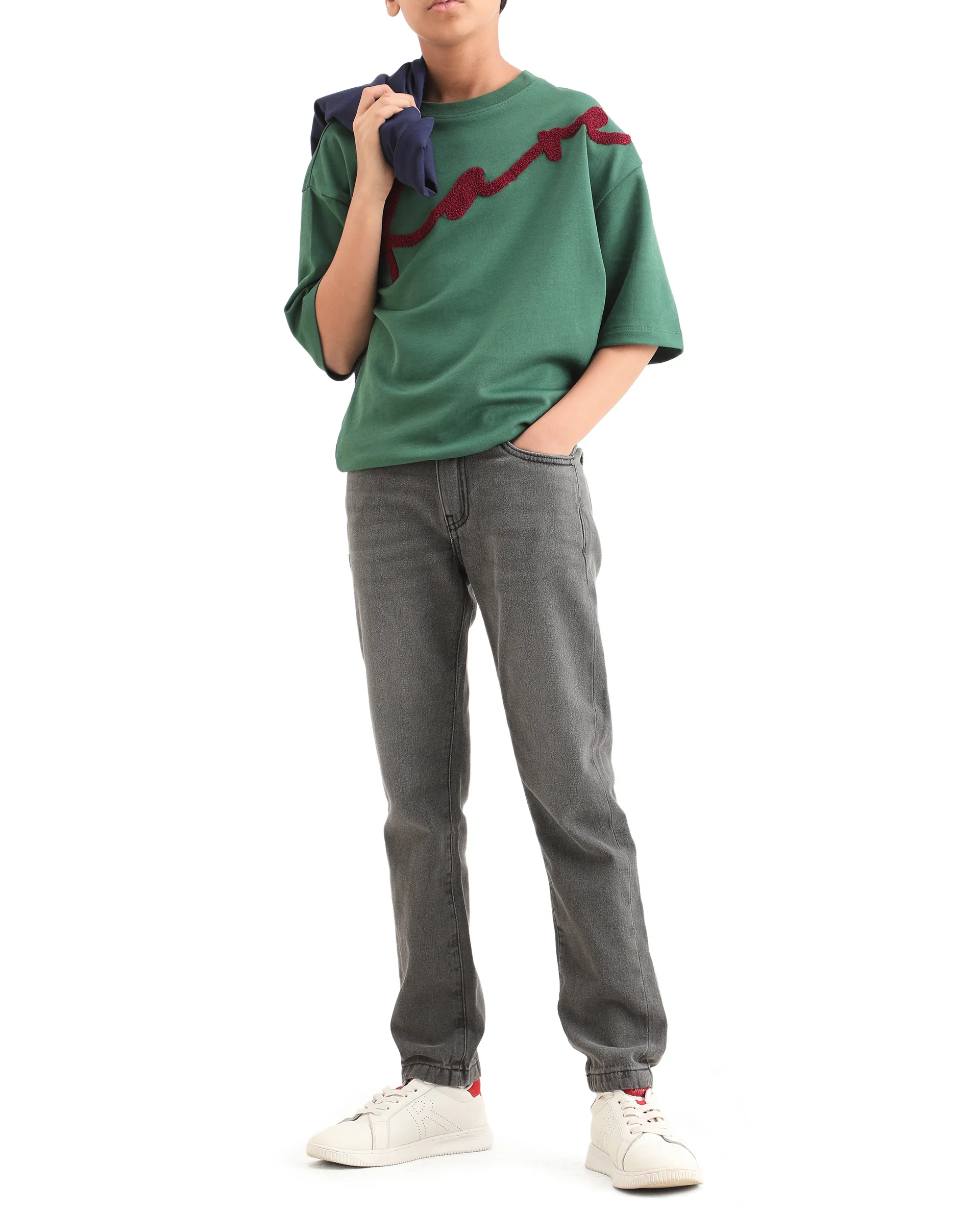 Rare Ones Kids Fazz Grey Cotton Button And Zipper Closure Plain Slim Fit Jeans - Image 2