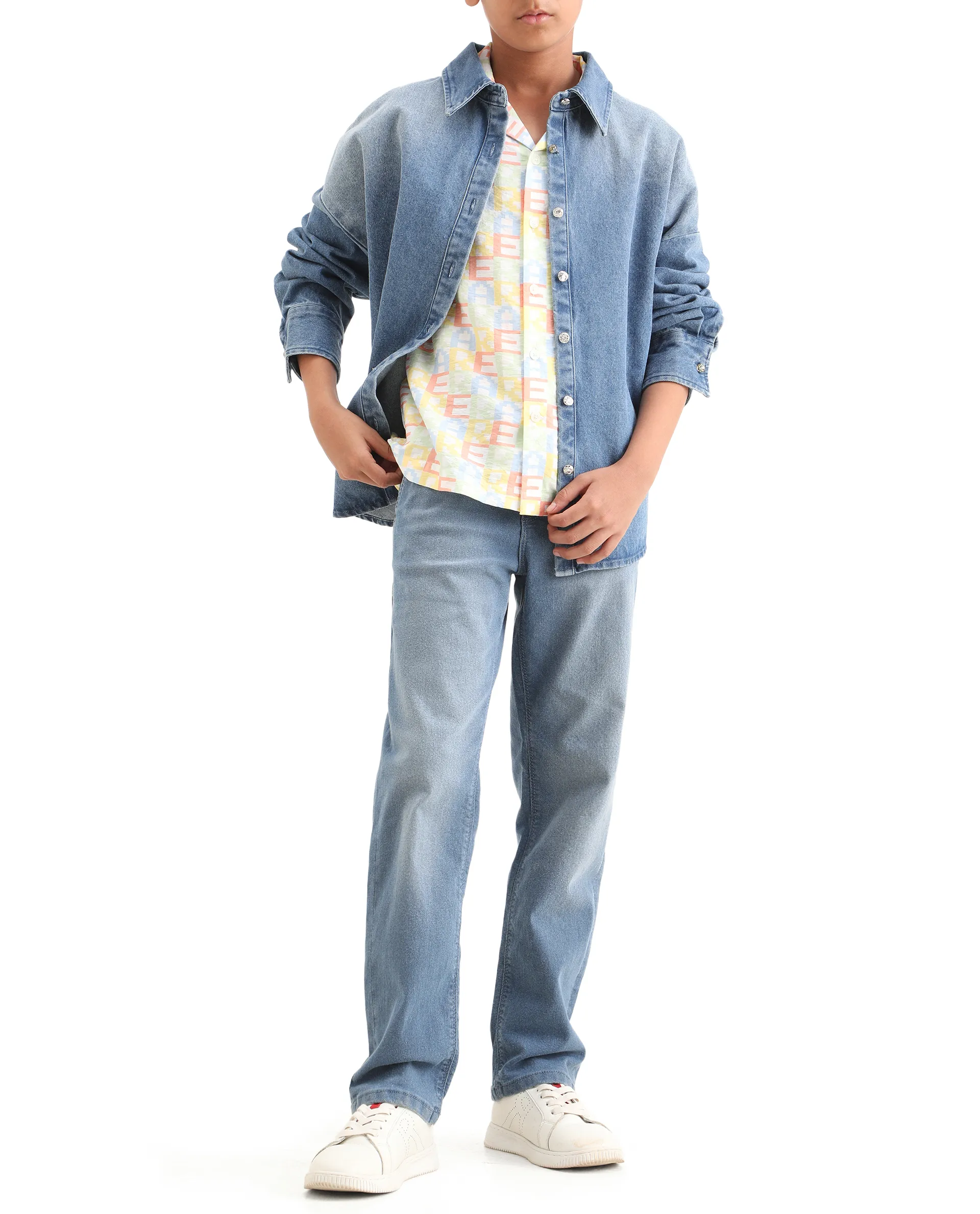 Rare Ones Kids Morg Light Blue Cotton Blend Button And Zipper Closure Plain Regular Fit Jeans - Image 2