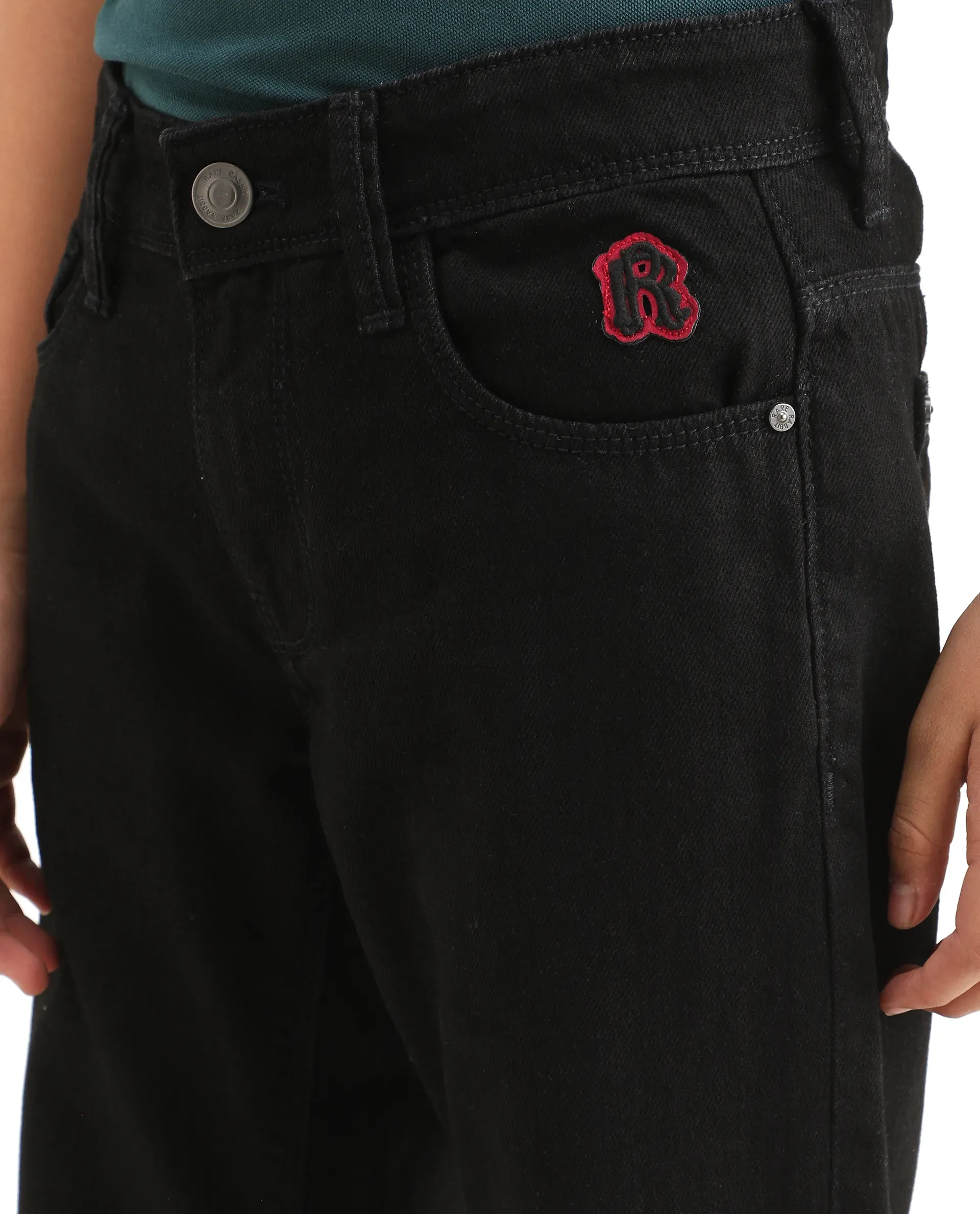 Rare Ones Kids Resto Black Cotton Blend Button And Zipper Closure Plain Regular Fit Jeans - Image 3