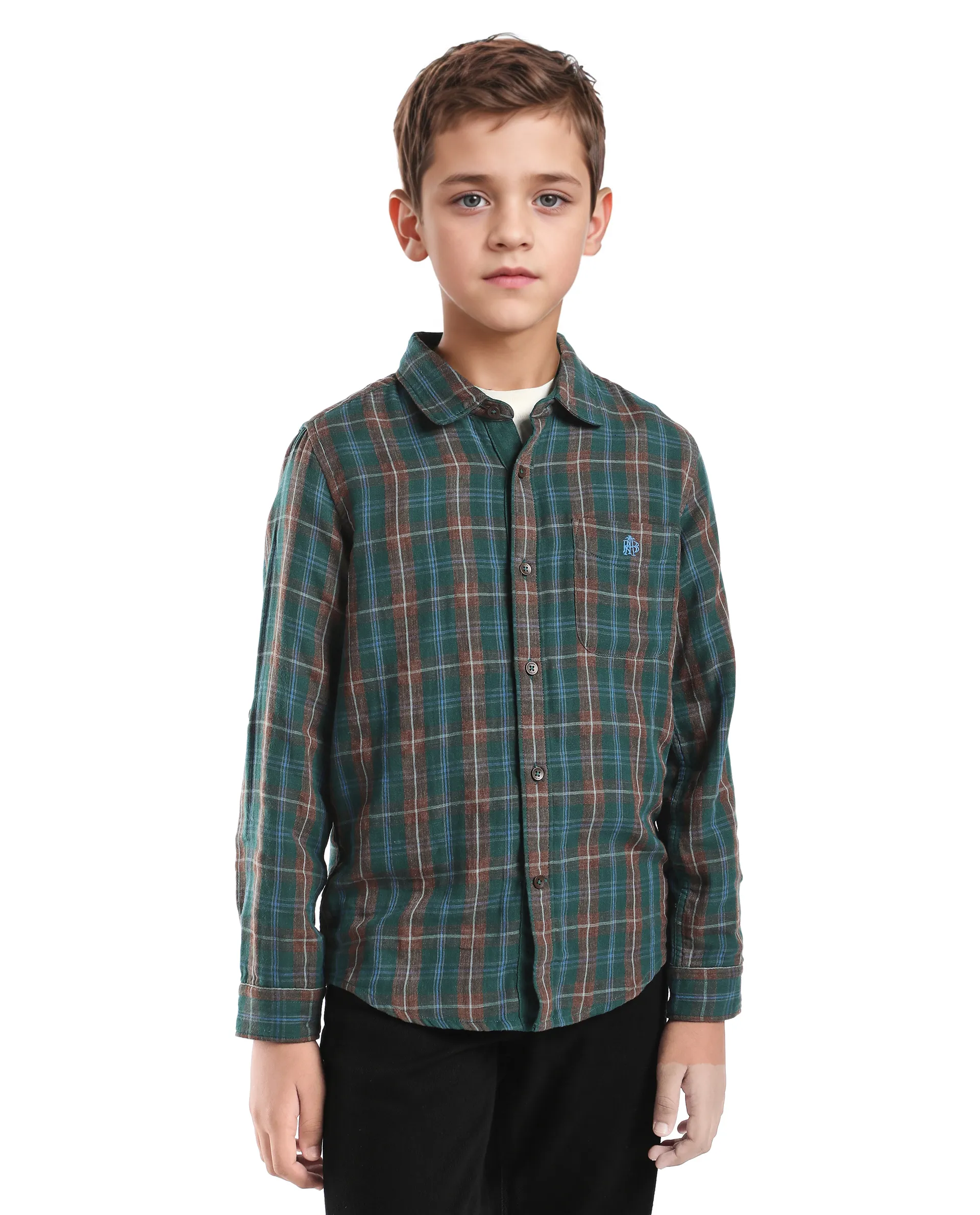 Rare Ones Kids Nash Dark Green Cotton Checked Button Closure Regular Fit Shirt - Image 3