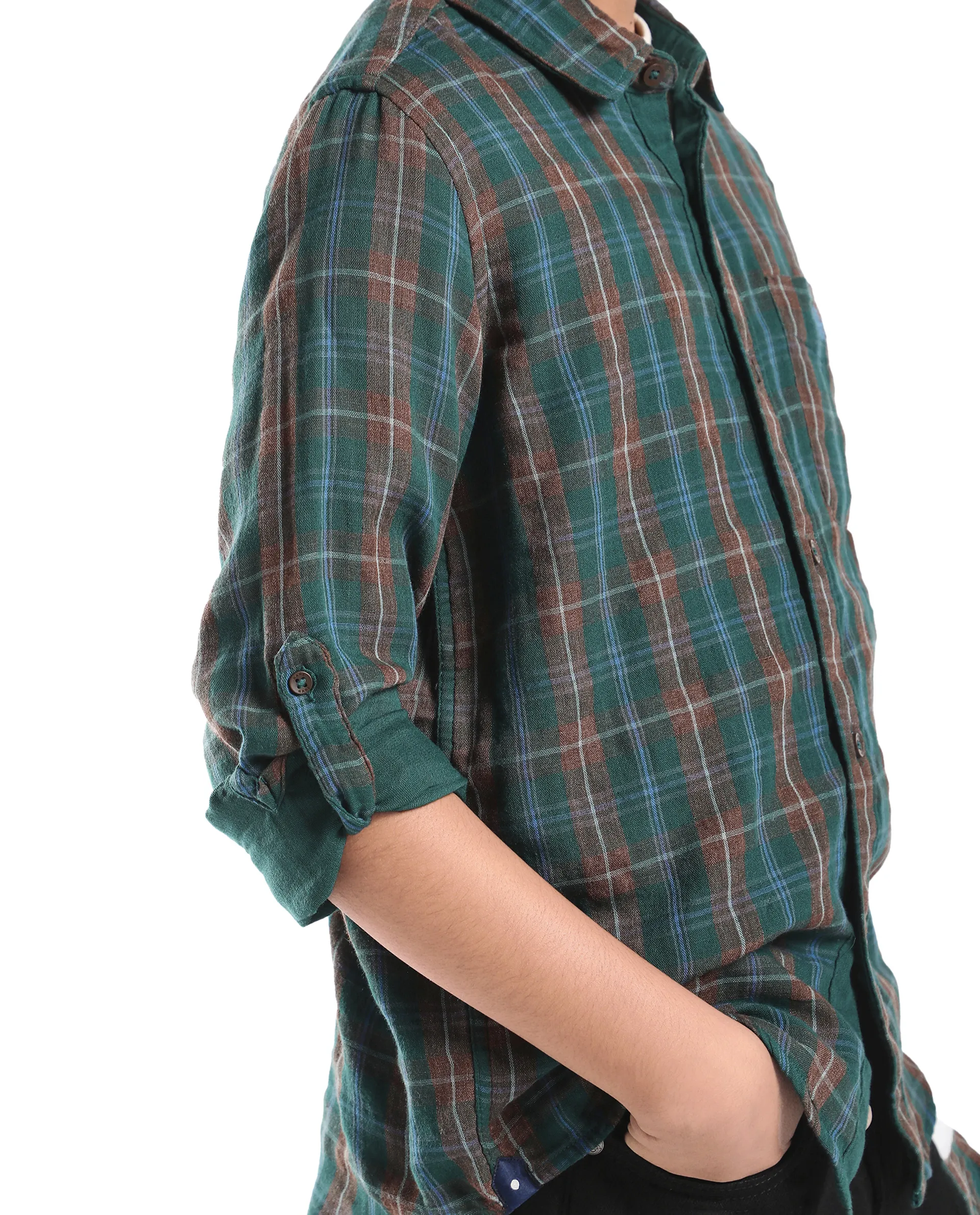 Rare Ones Kids Nash Dark Green Cotton Checked Button Closure Regular Fit Shirt - Image 5