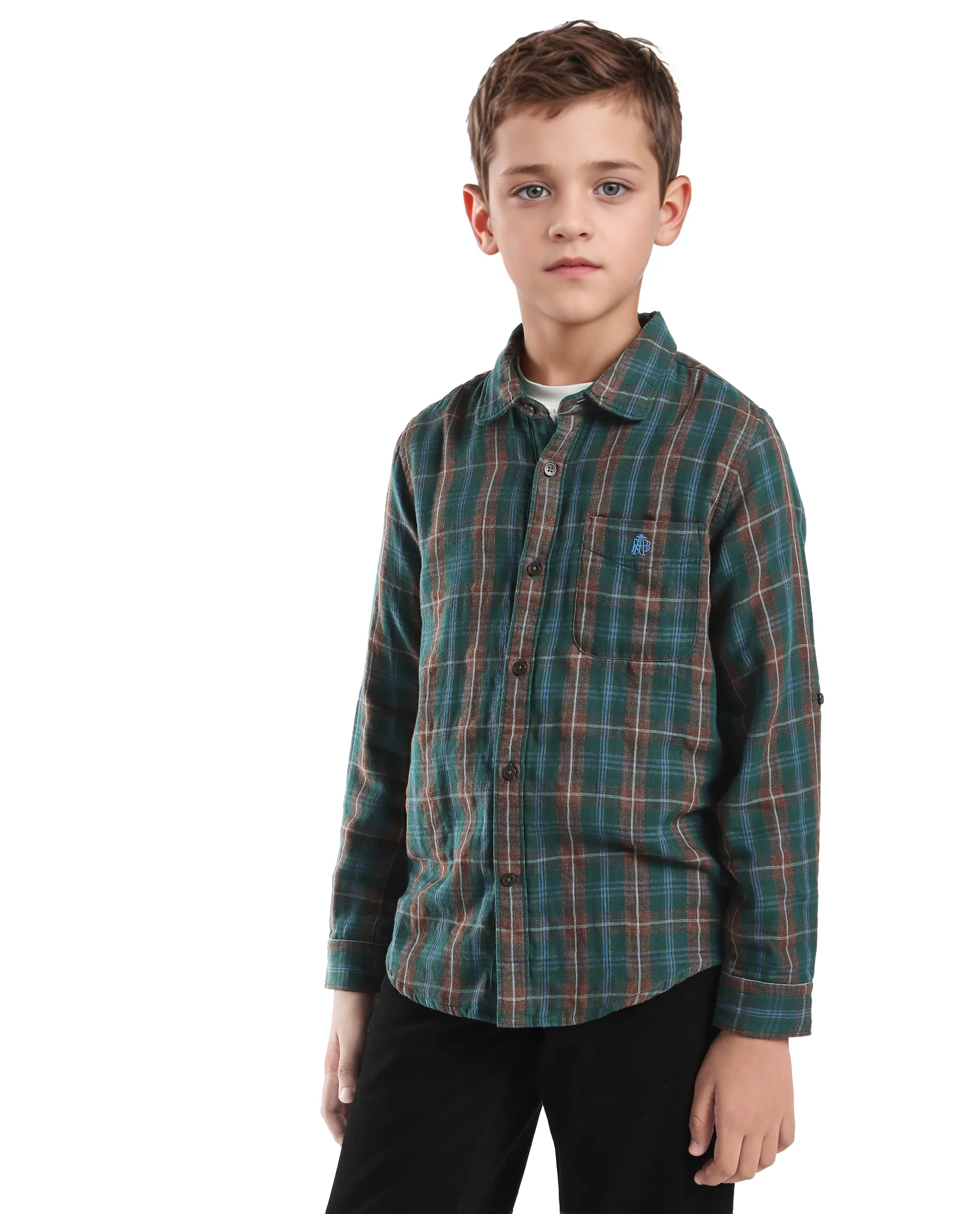 Rare Ones Kids Nash Dark Green Cotton Checked Button Closure Regular Fit Shirt - Image 6