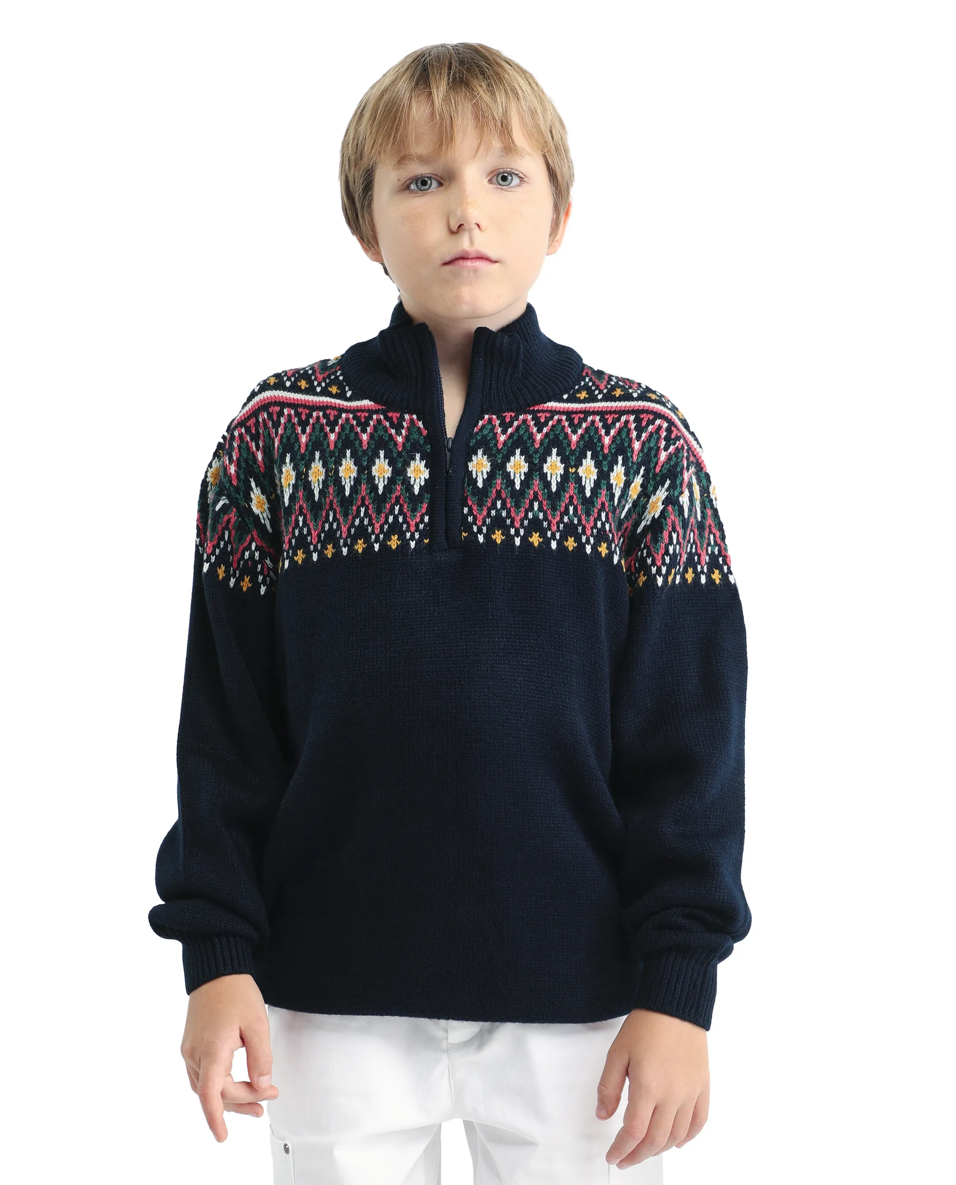 Rare Ones Kids Pato Navy Cotton Argyle Pattern Zipper Closure Relaxed Fit Sweater - Image 4