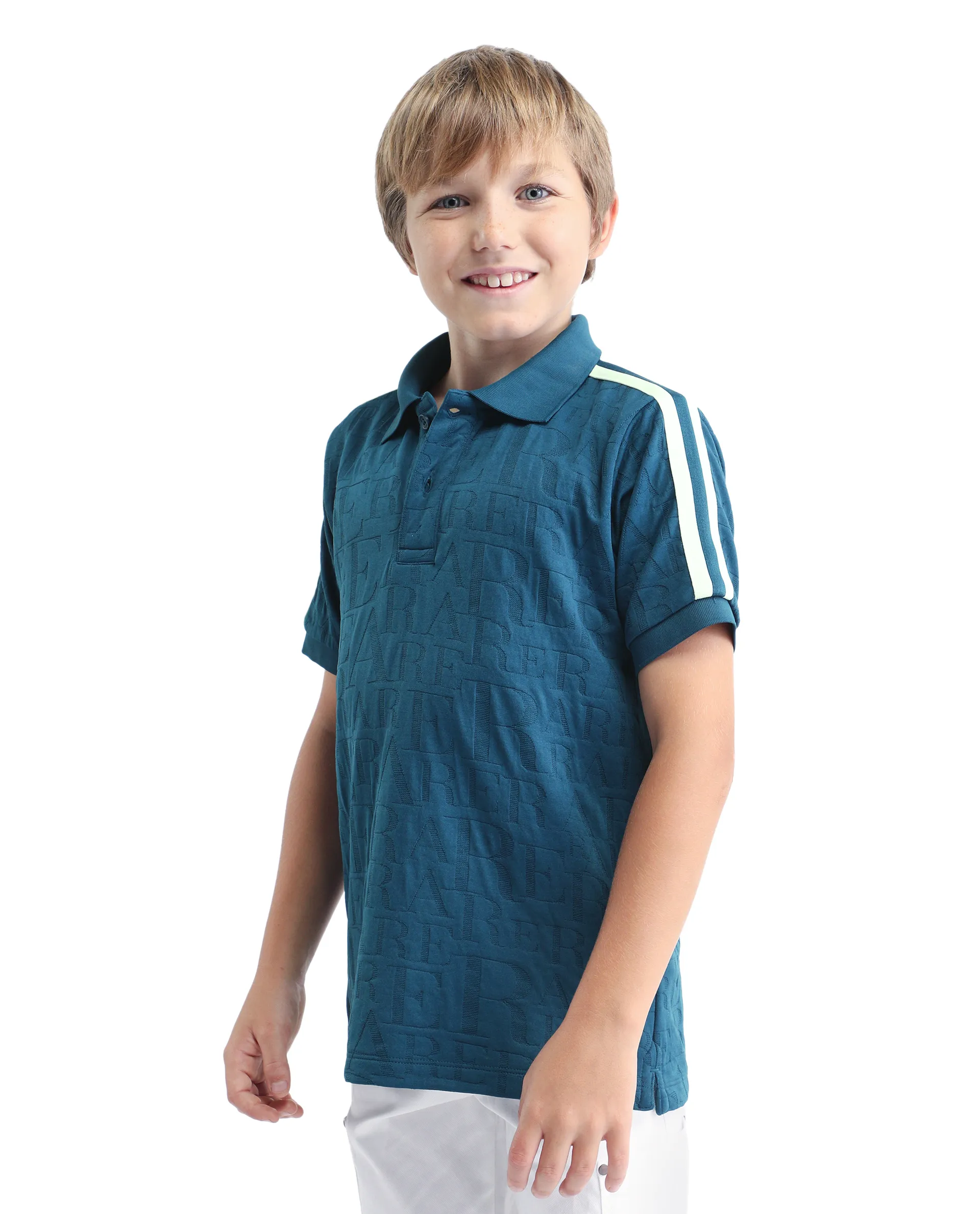 Rare Ones Kids Alti Teal Polyester Blend Button Closure Spread Collar All Over Print Regular Fit Polo - Image 5