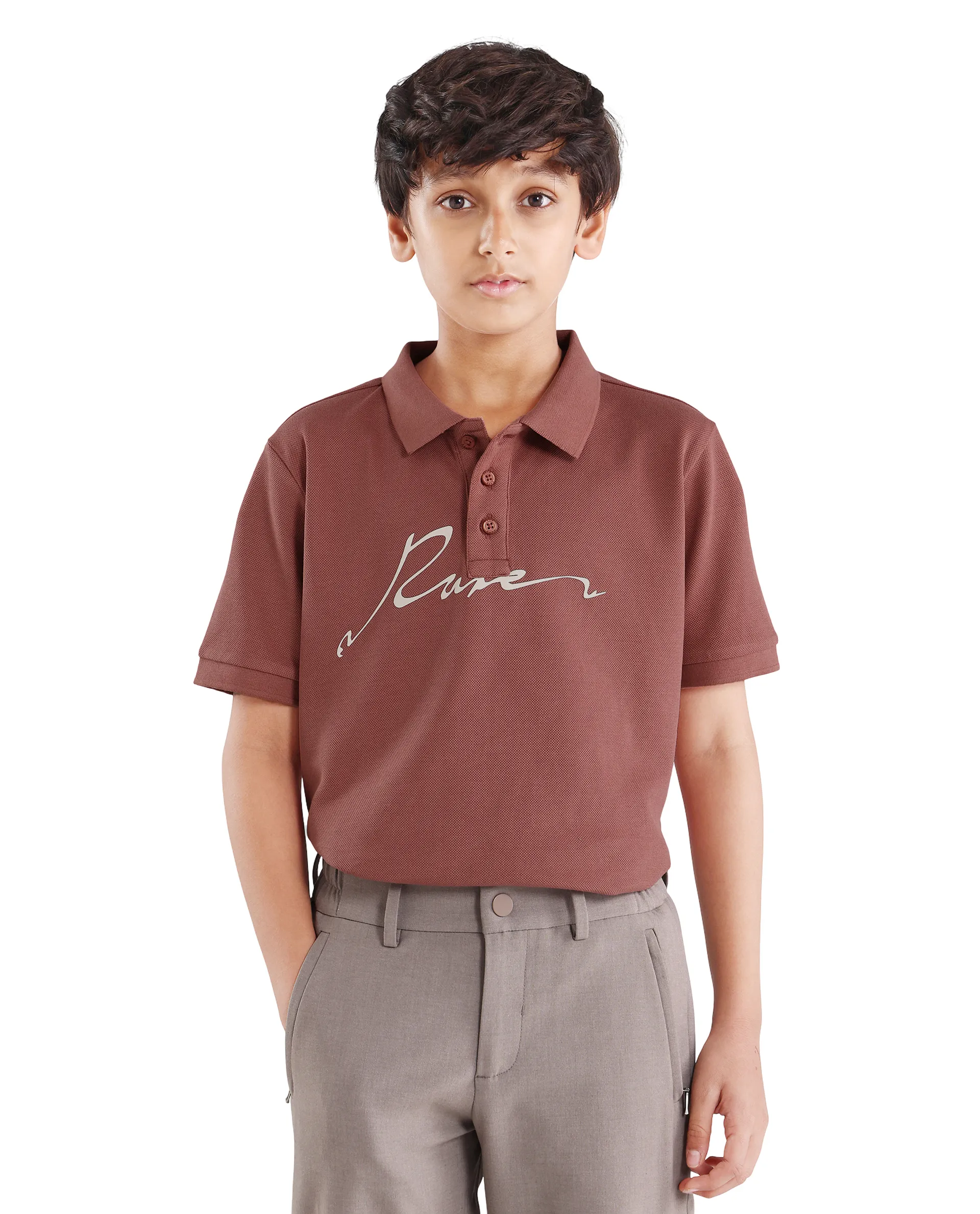 Rare Ones Kids Avir Dusky Red Cotton Button Closure Hd Print Regular Fit Polo - Image 4