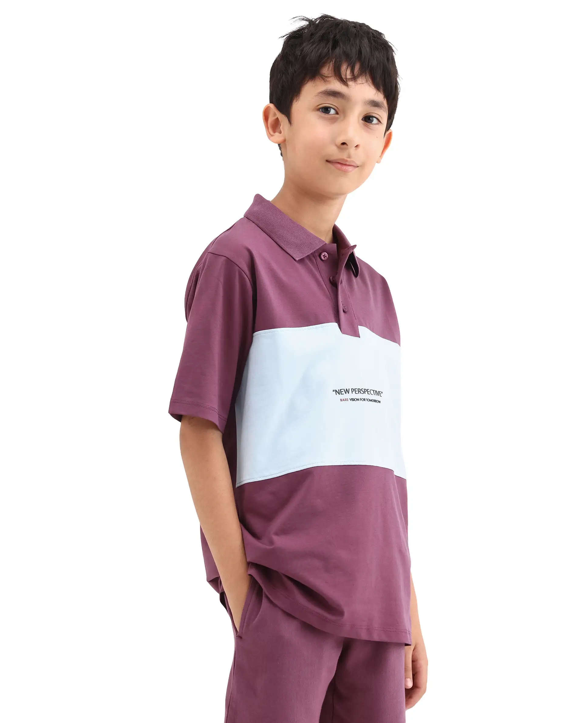 Rare Ones Kids Boxo Dusky Purple Cotton Button Closure Color Block Regular Fit Polo - Image 6