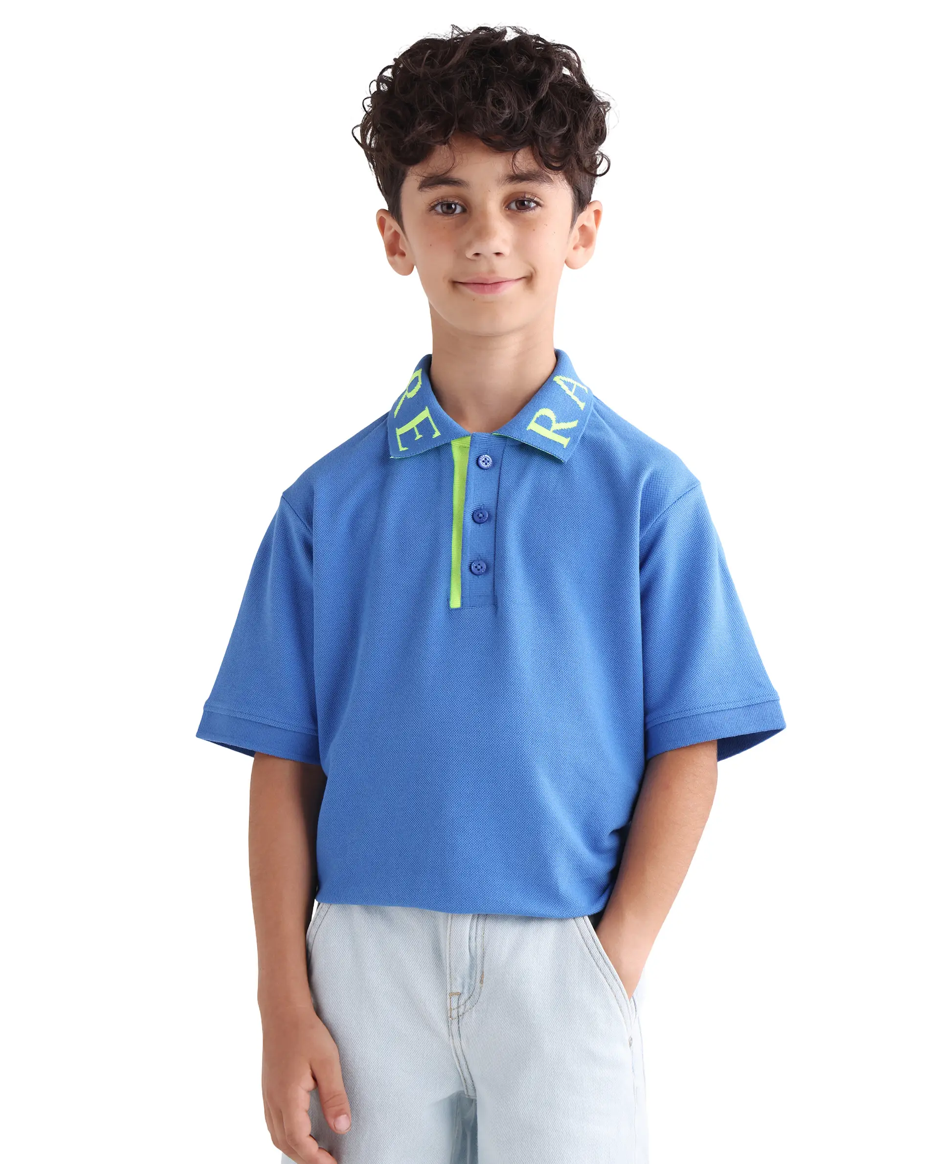 Rare Ones Kids Caven Blue Cotton Button Closure Jacquard Regular Fit Polo - Image 3