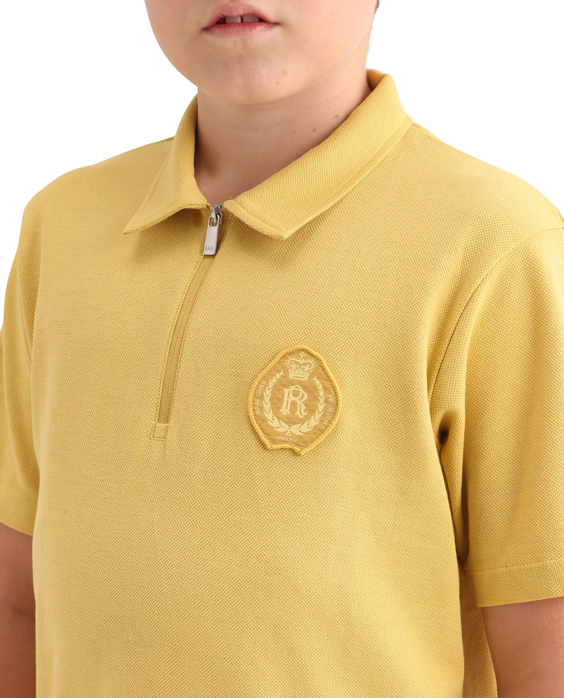 Rare Ones Kids Crown Yellow Cotton Fabric Applique Zipper Closure Regular Fit Polo - Image 3