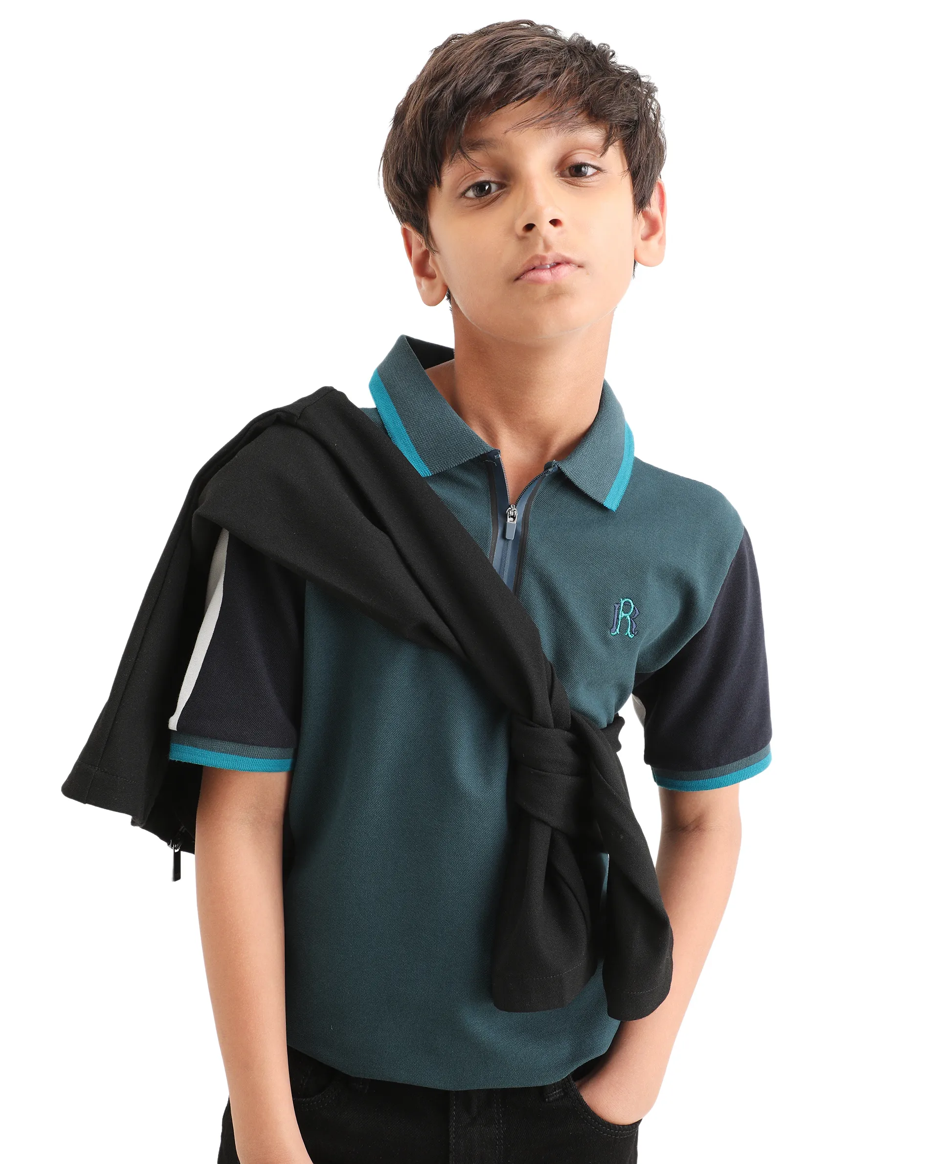 Rare Ones Kids Kiann Green (Teal) Cotton Blend Embroidered Zipper Closure Regular Fit Polo