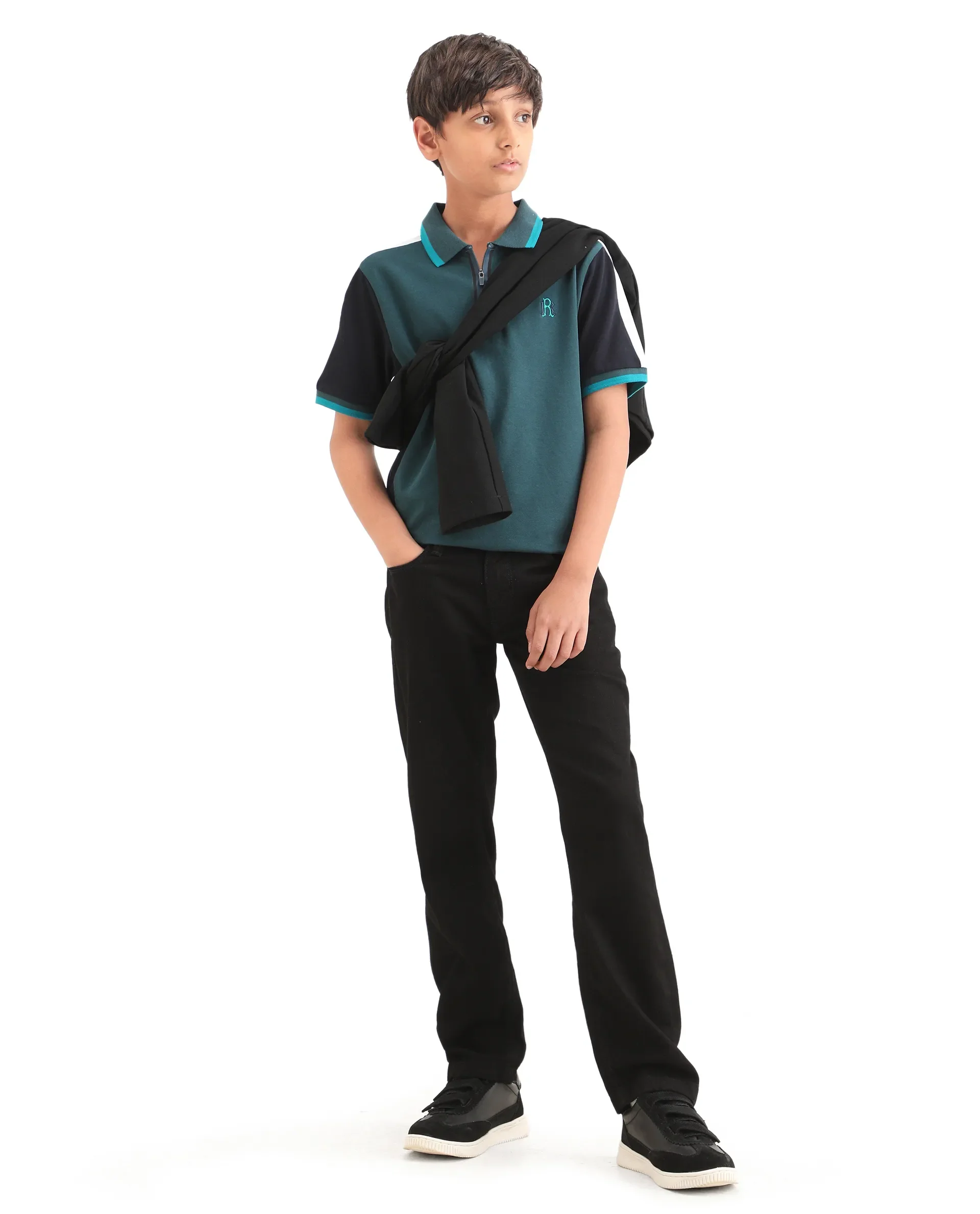 Rare Ones Kids Kiann Green (Teal) Cotton Blend Embroidered Zipper Closure Regular Fit Polo - Image 2