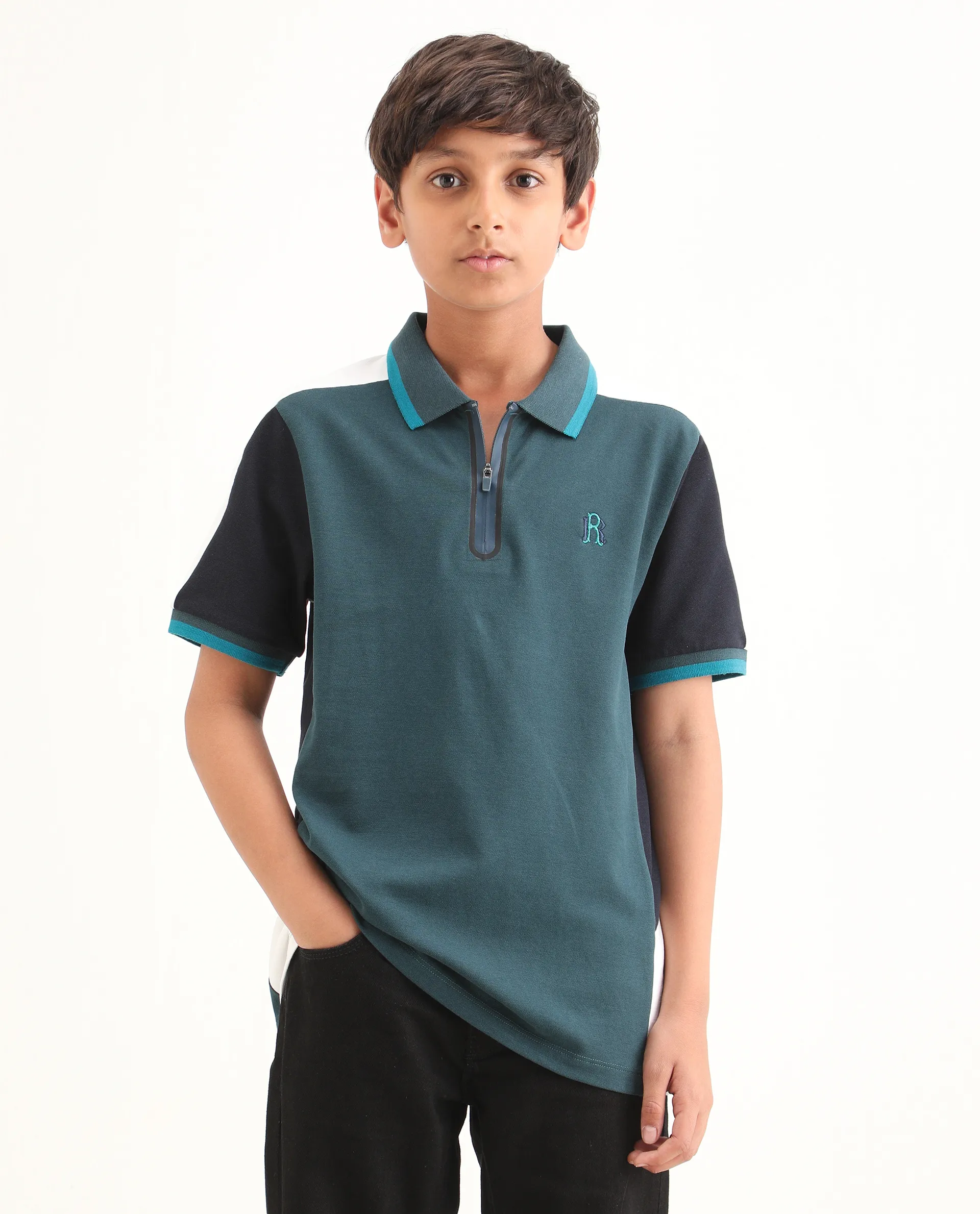 Rare Ones Kids Kiann Green (Teal) Cotton Blend Embroidered Zipper Closure Regular Fit Polo - Image 3