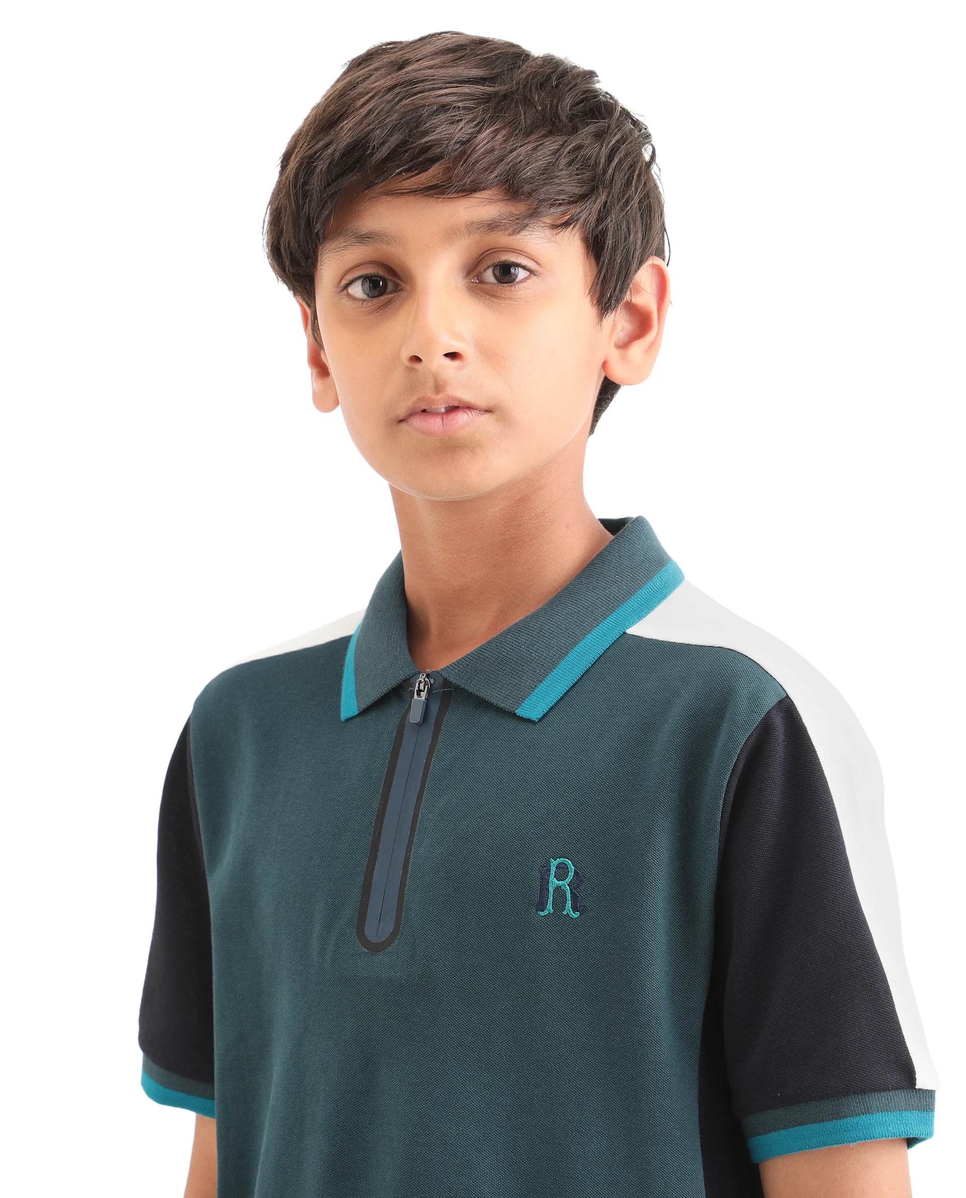 Rare Ones Kids Kiann Green (Teal) Cotton Blend Embroidered Zipper Closure Regular Fit Polo - Image 4