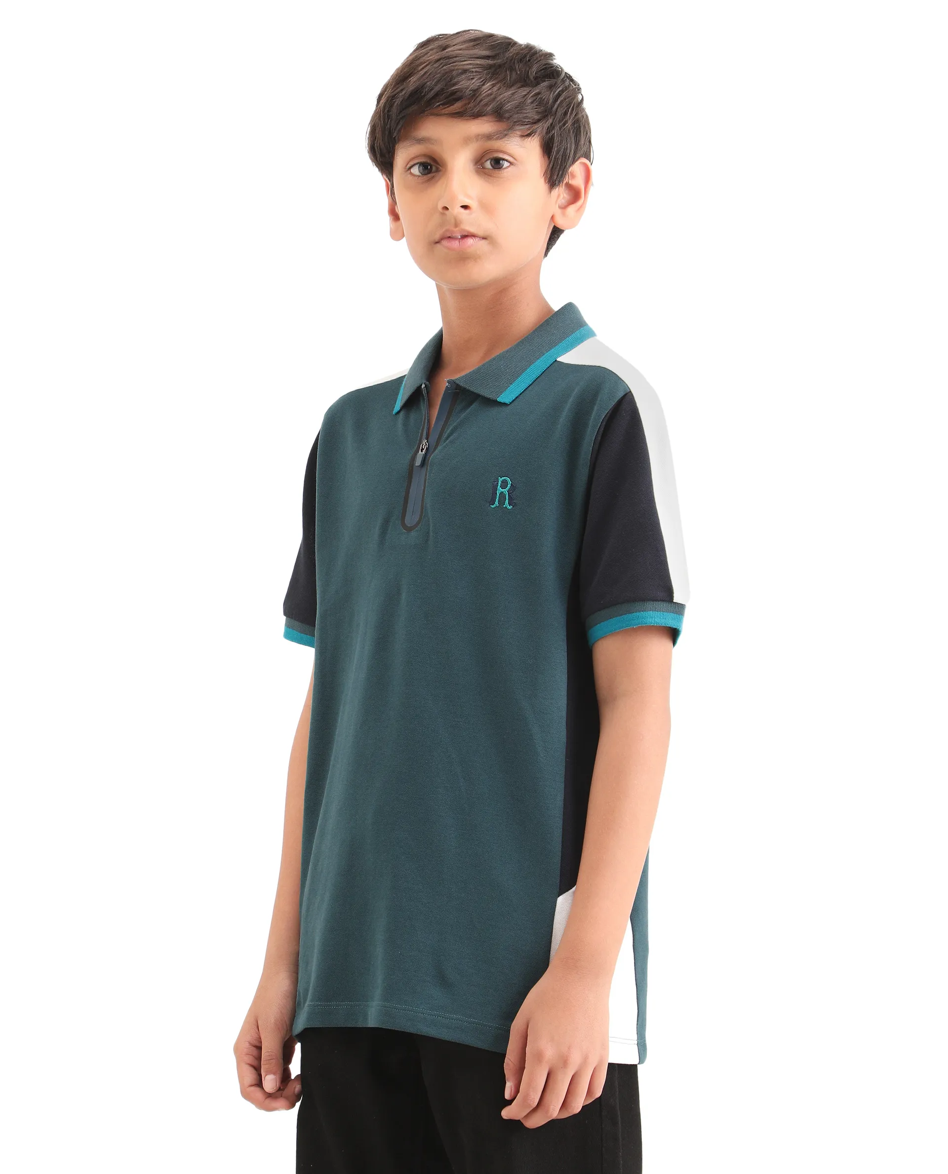 Rare Ones Kids Kiann Green (Teal) Cotton Blend Embroidered Zipper Closure Regular Fit Polo - Image 5