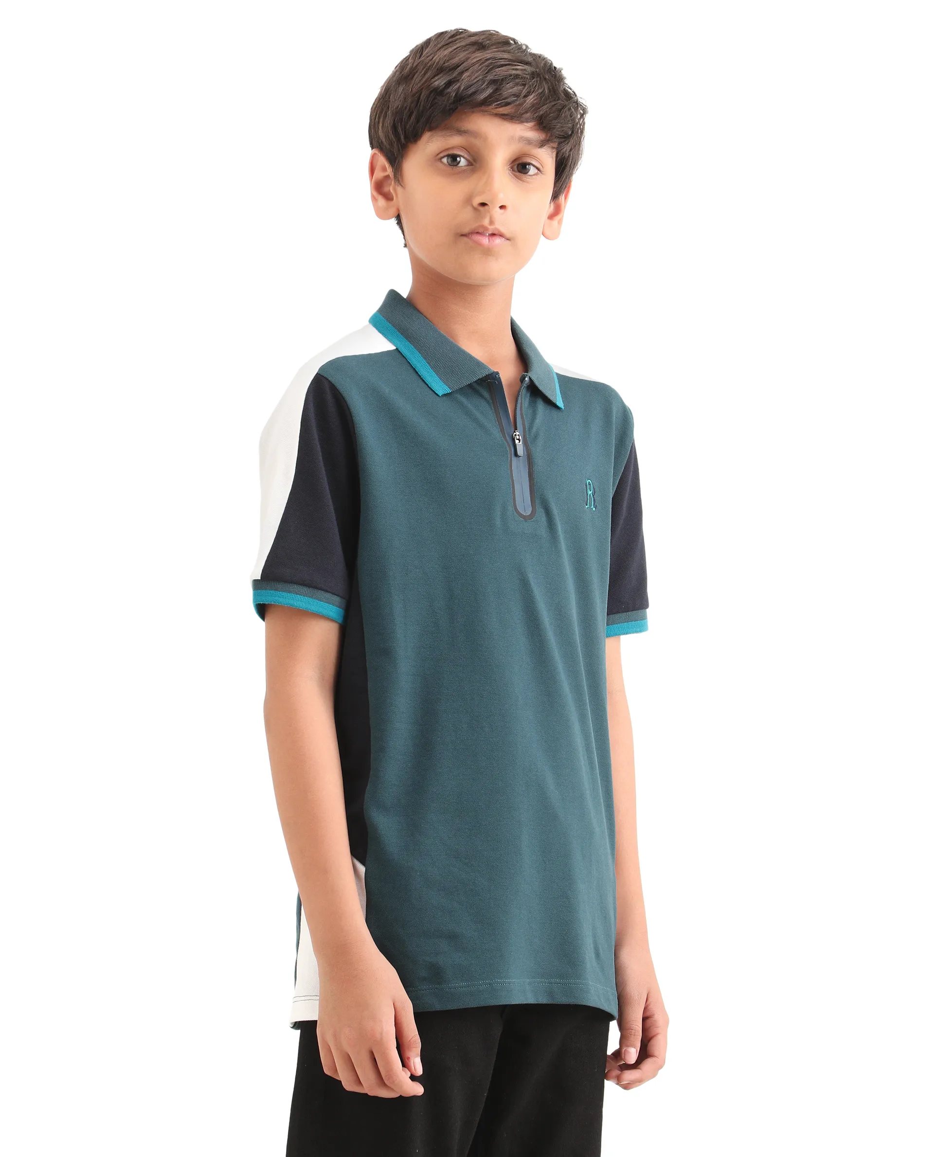 Rare Ones Kids Kiann Green (Teal) Cotton Blend Embroidered Zipper Closure Regular Fit Polo - Image 6