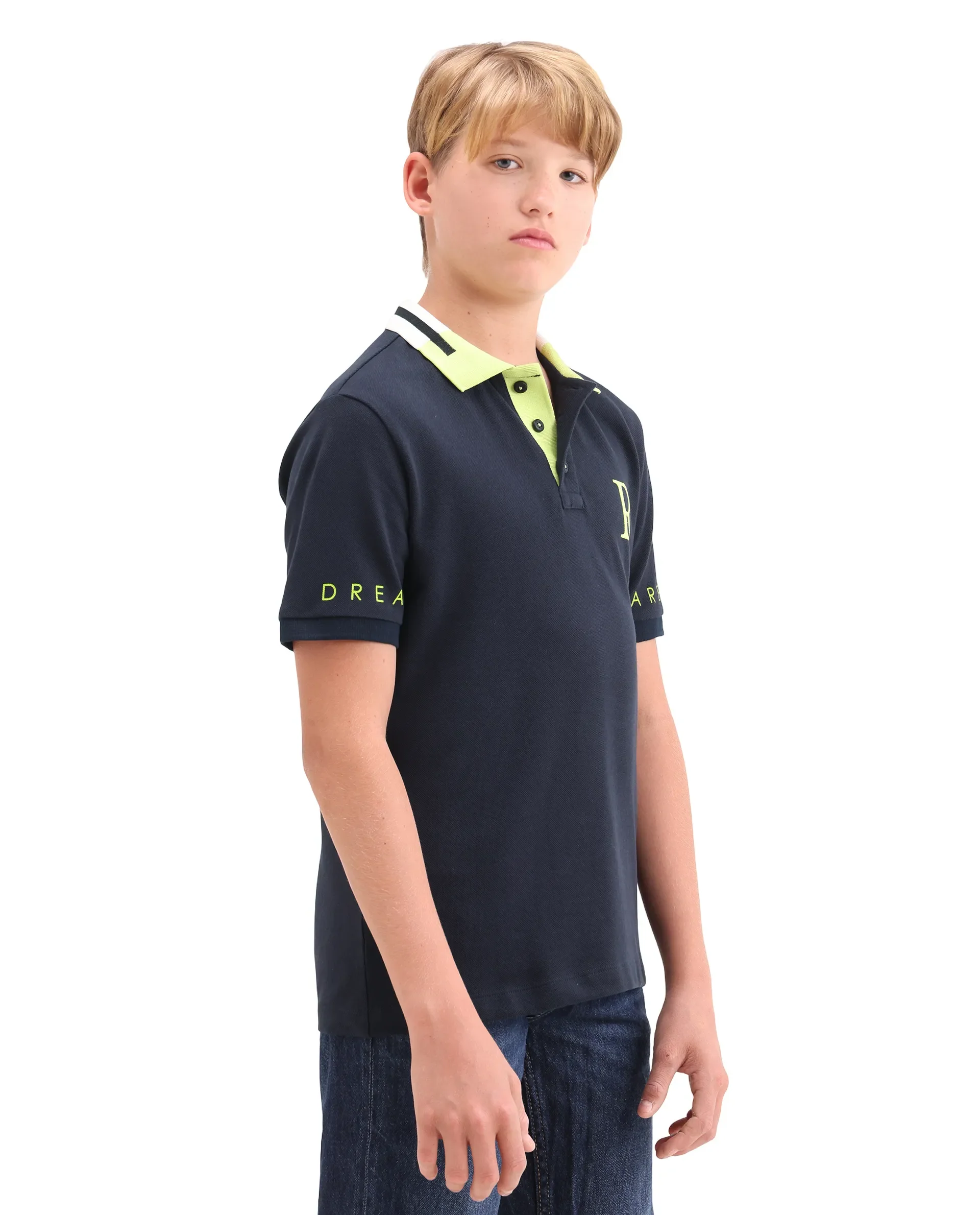 Rare Ones Kids Lura Navy Cotton Button Closure Pigment Print Regular Fit Polo - Image 7