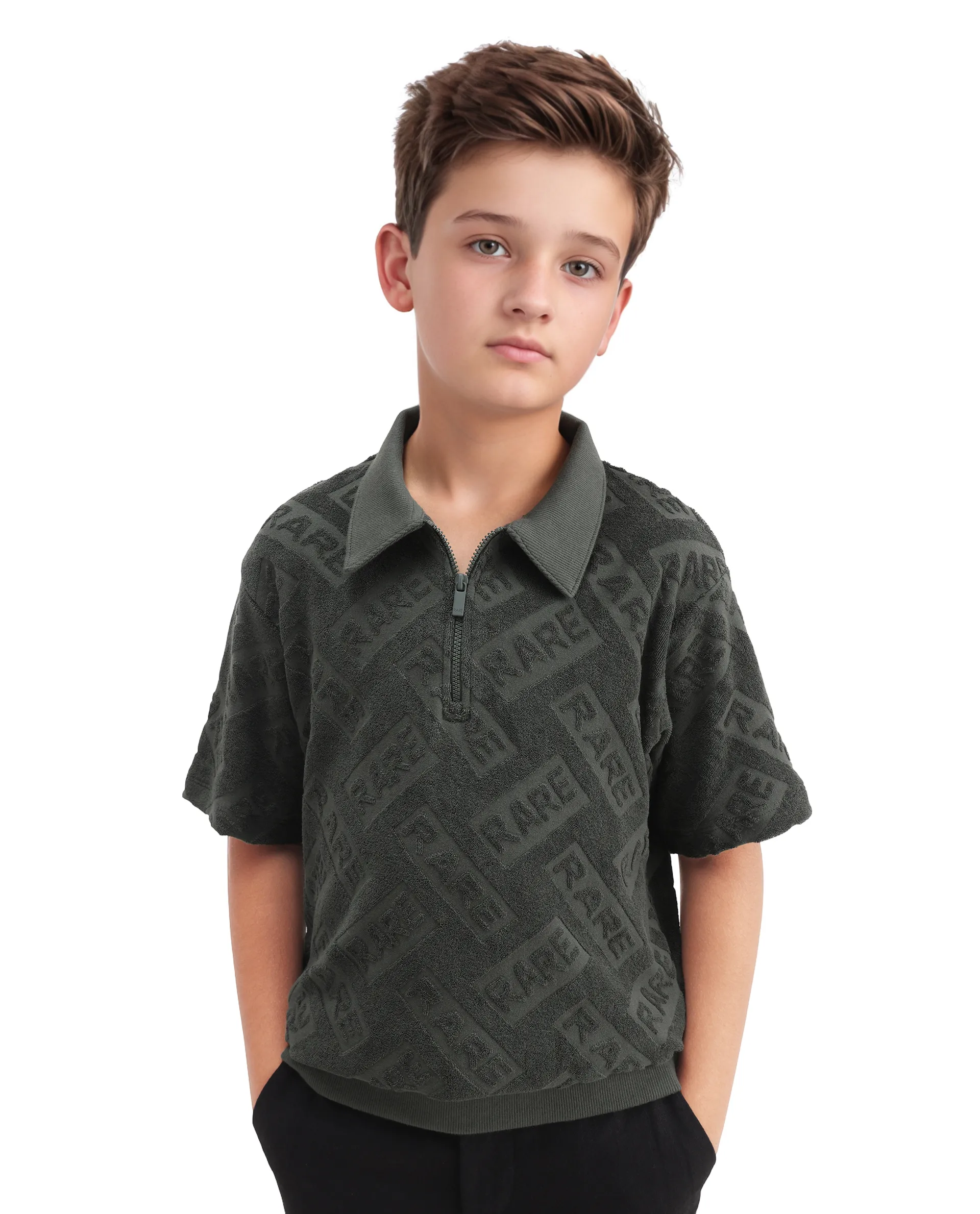 Rare Ones Kids Zilo Olive Cotton Zipper All Over Print Regular Fit Polo