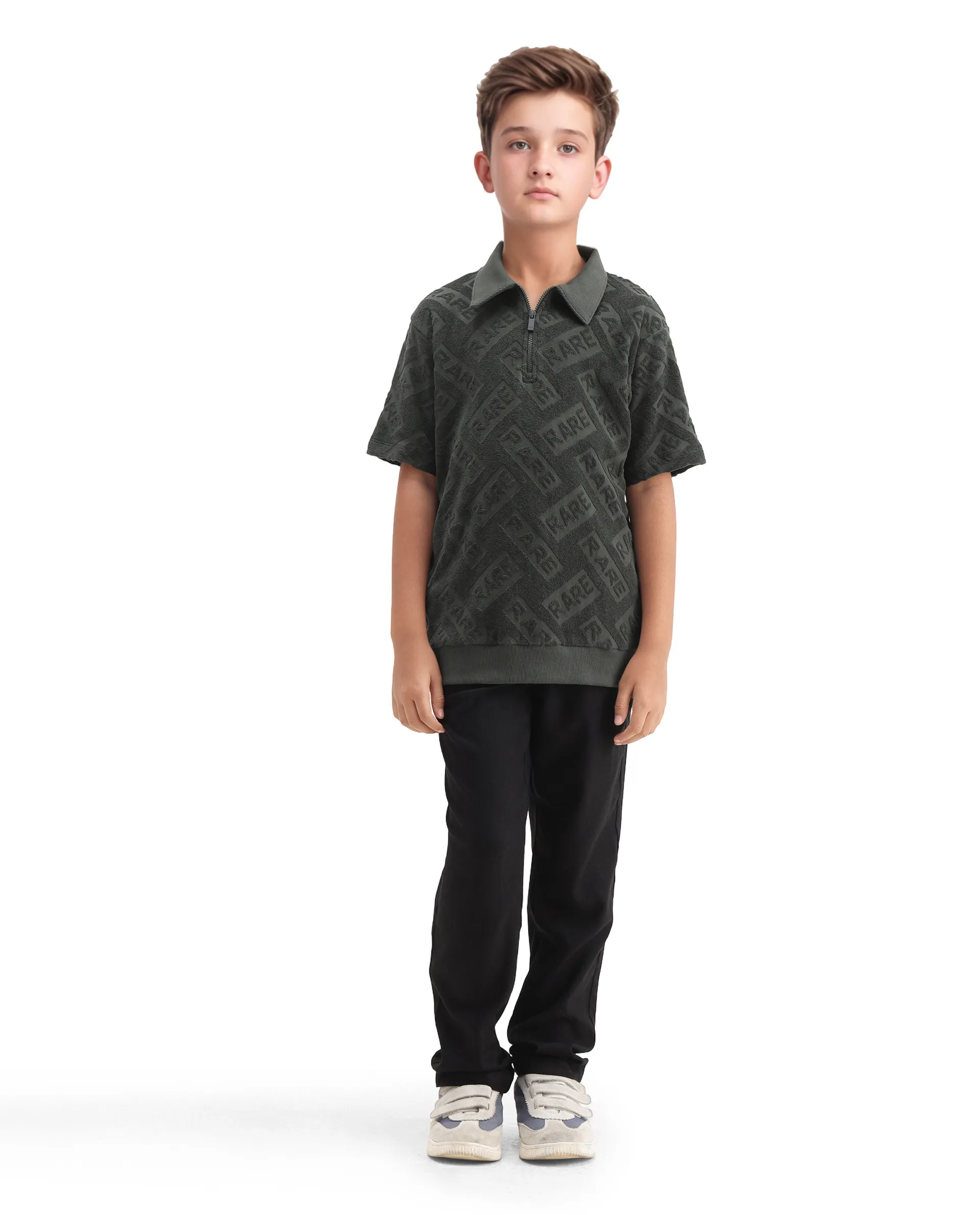 Rare Ones Kids Zilo Olive Cotton Zipper All Over Print Regular Fit Polo - Image 2
