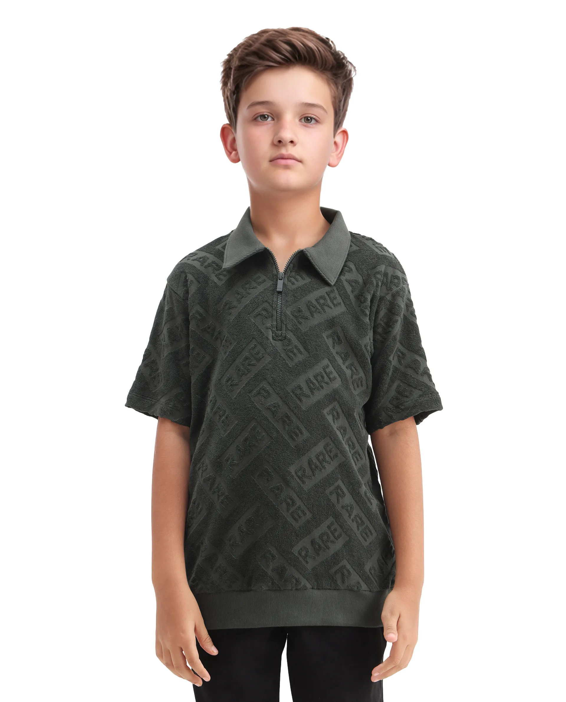 Rare Ones Kids Zilo Olive Cotton Zipper All Over Print Regular Fit Polo - Image 3