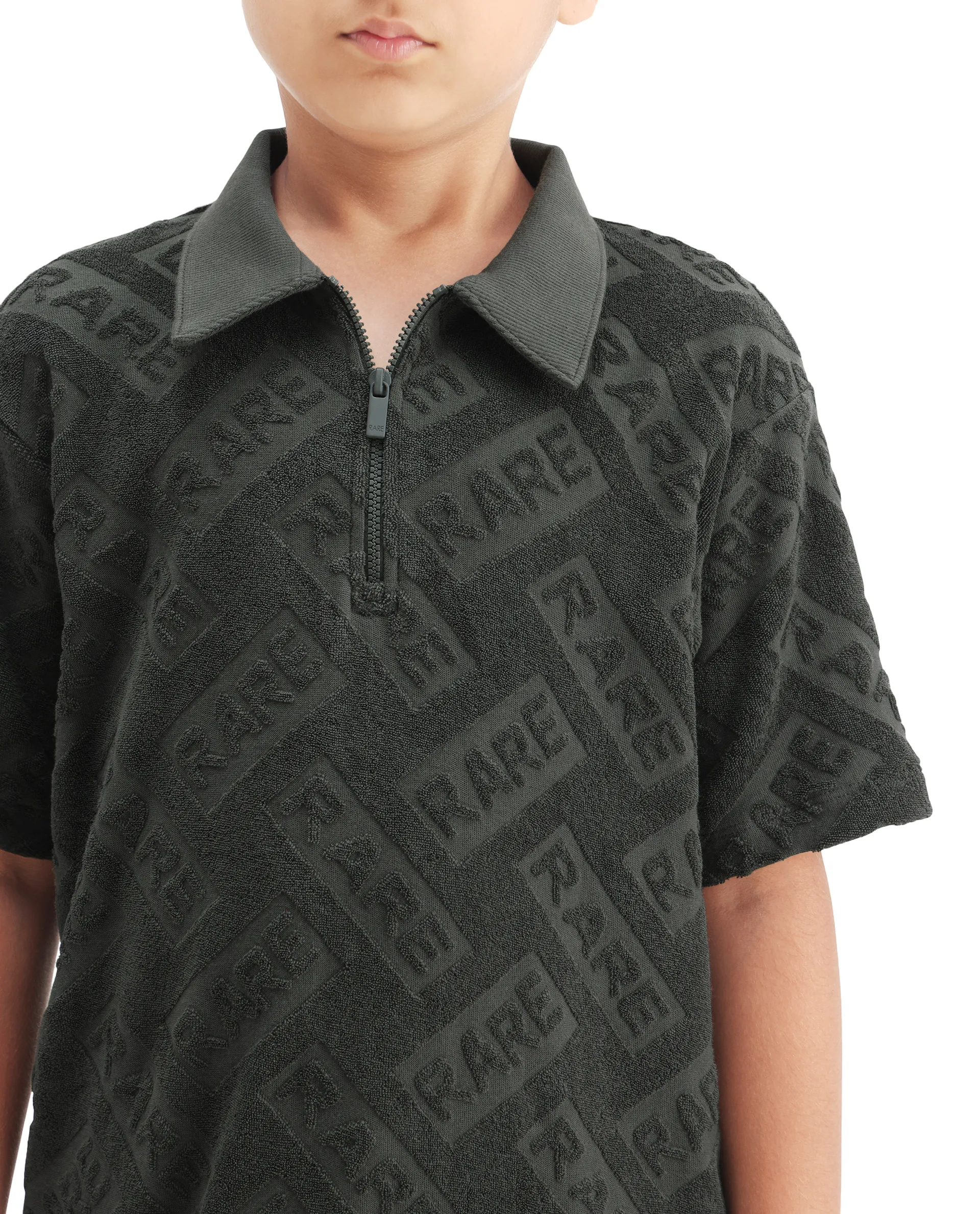 Rare Ones Kids Zilo Olive Cotton Zipper All Over Print Regular Fit Polo - Image 4