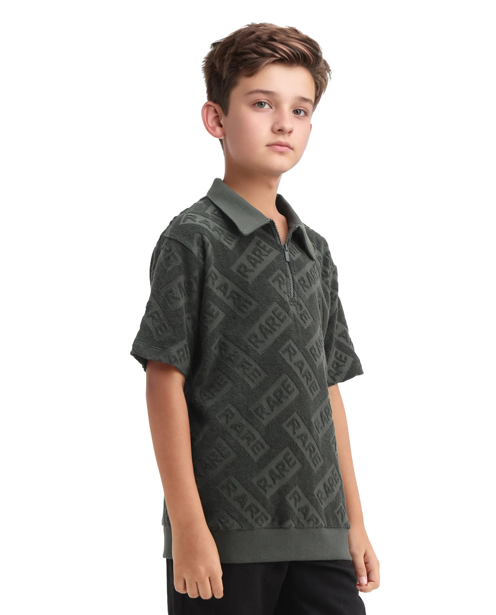 Rare Ones Kids Zilo Olive Cotton Zipper All Over Print Regular Fit Polo - Image 5