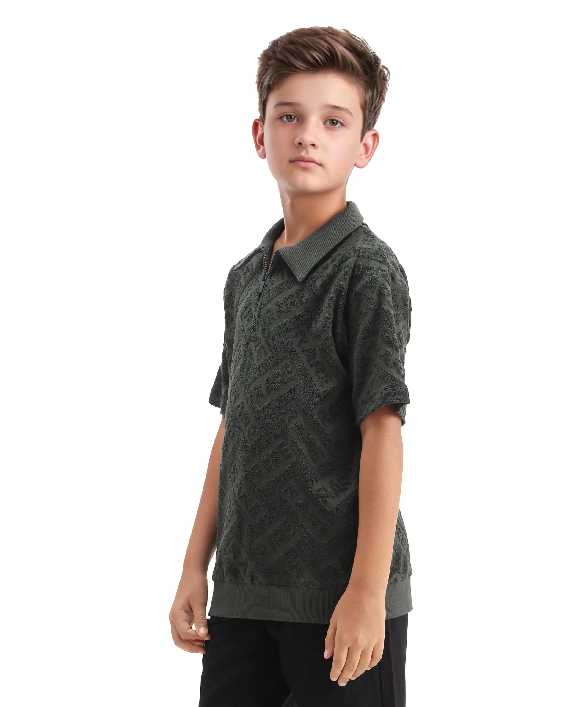 Rare Ones Kids Zilo Olive Cotton Zipper All Over Print Regular Fit Polo - Image 6