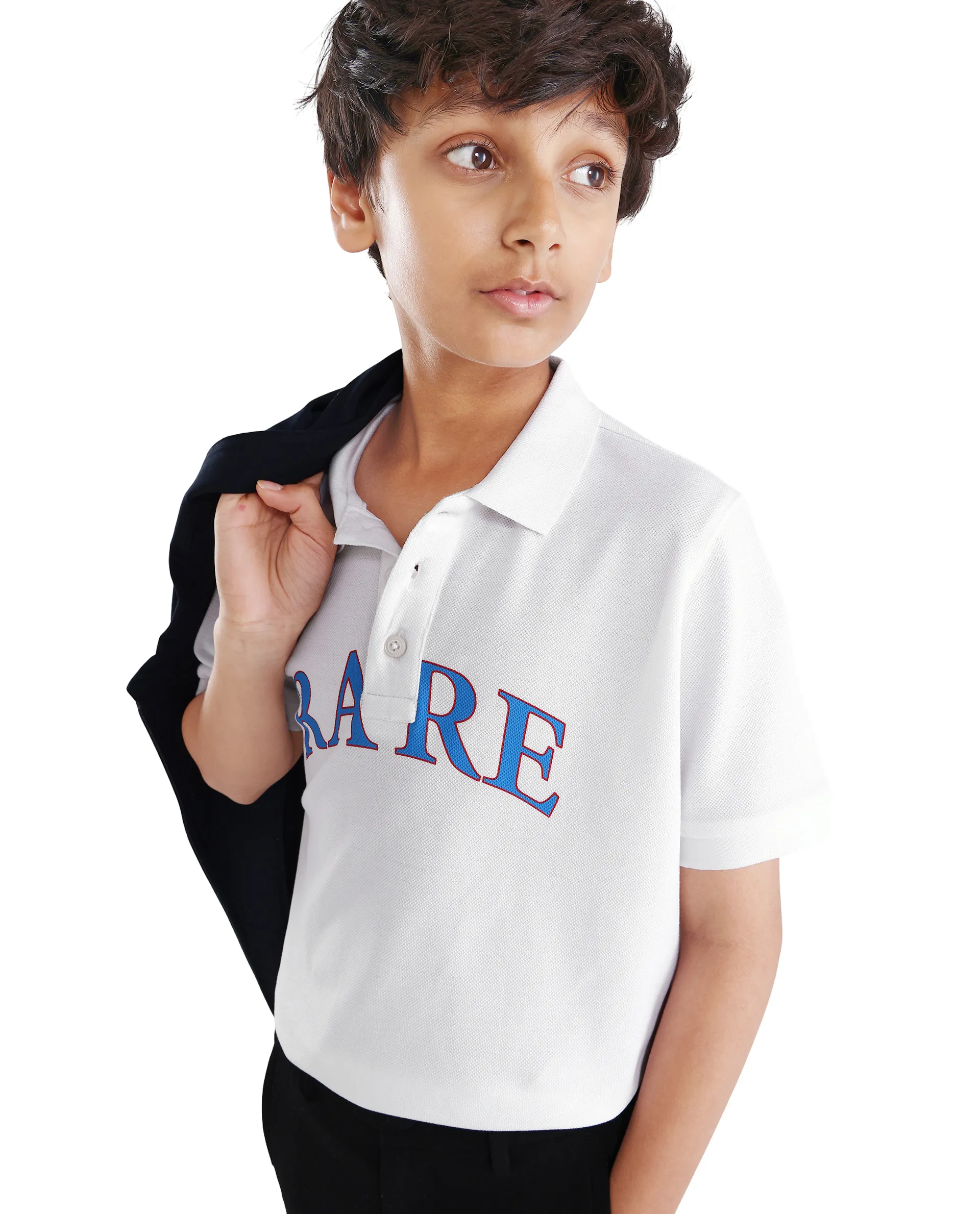 Rare Ones Kids Zorah White Cotton Button Closure Pigment Print Regular Fit Polo