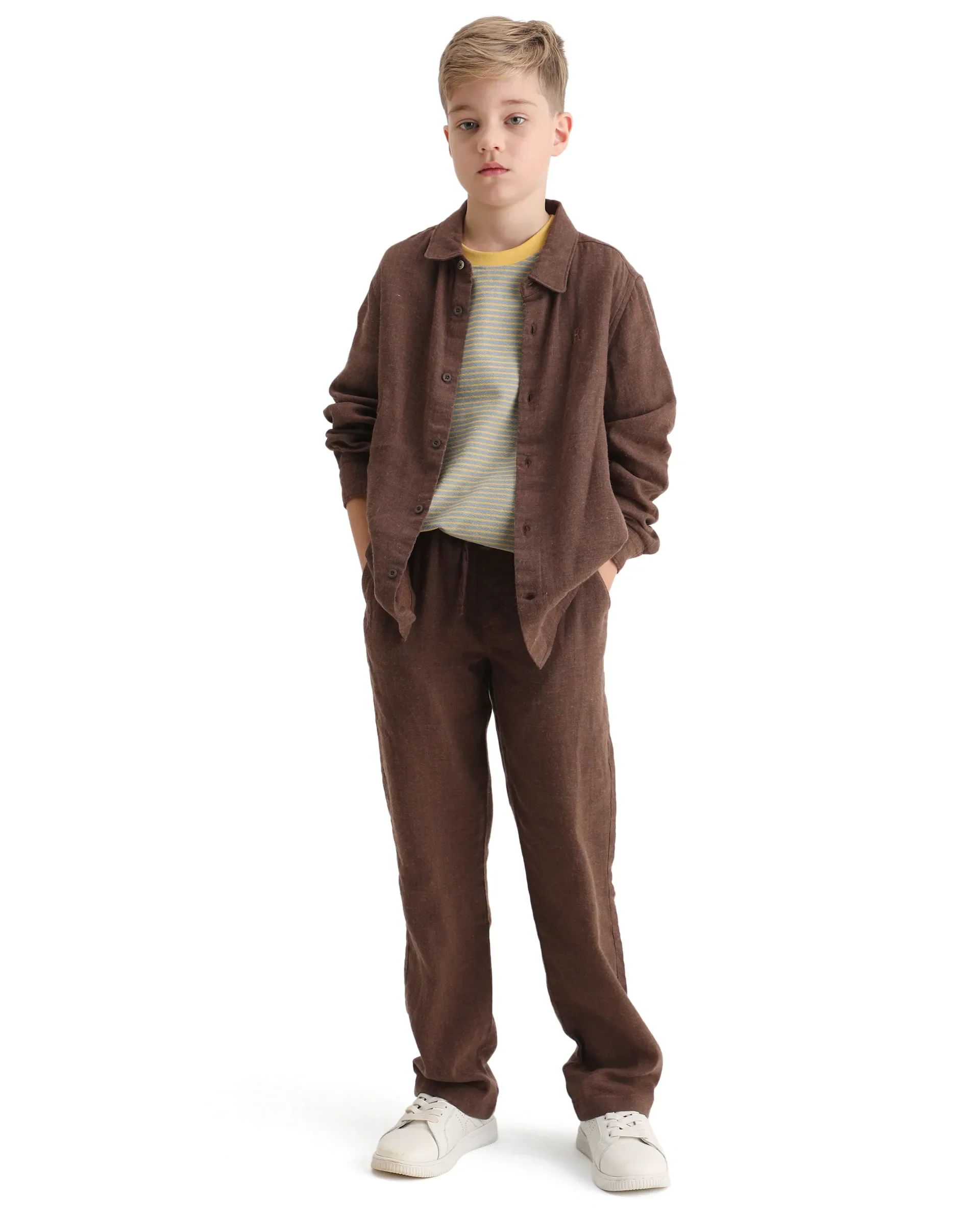 Rare Ones Kids Quen-S Brown Cotton Blend Plain Button Closure Regular Fit Shirt - Image 2
