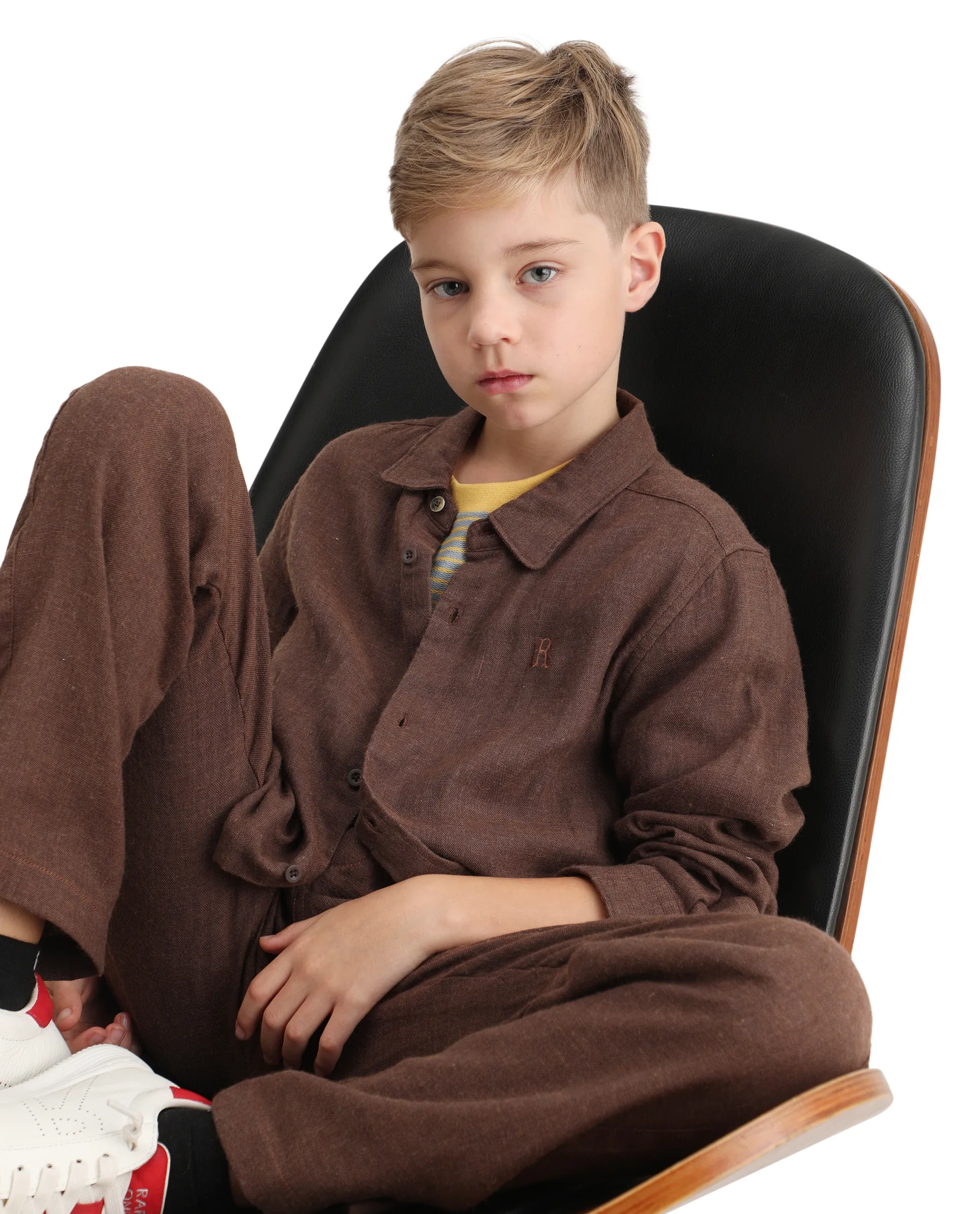 Rare Ones Kids Quen-S Brown Cotton Blend Plain Button Closure Regular Fit Shirt - Image 3