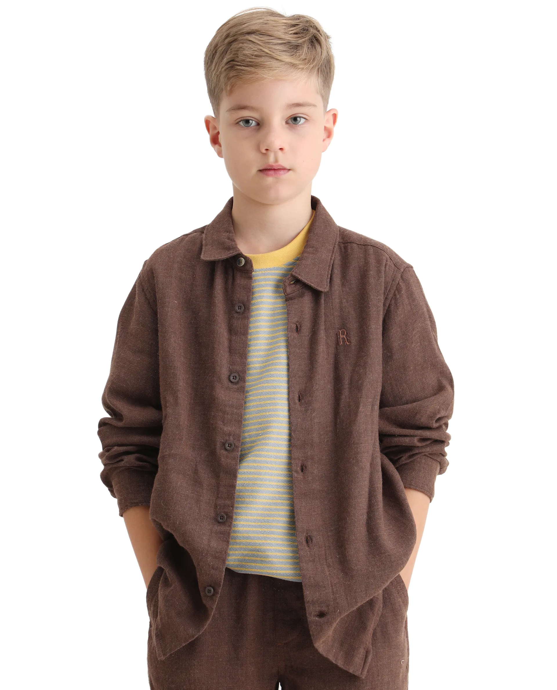 Rare Ones Kids Quen-S Brown Cotton Blend Plain Button Closure Regular Fit Shirt - Image 4