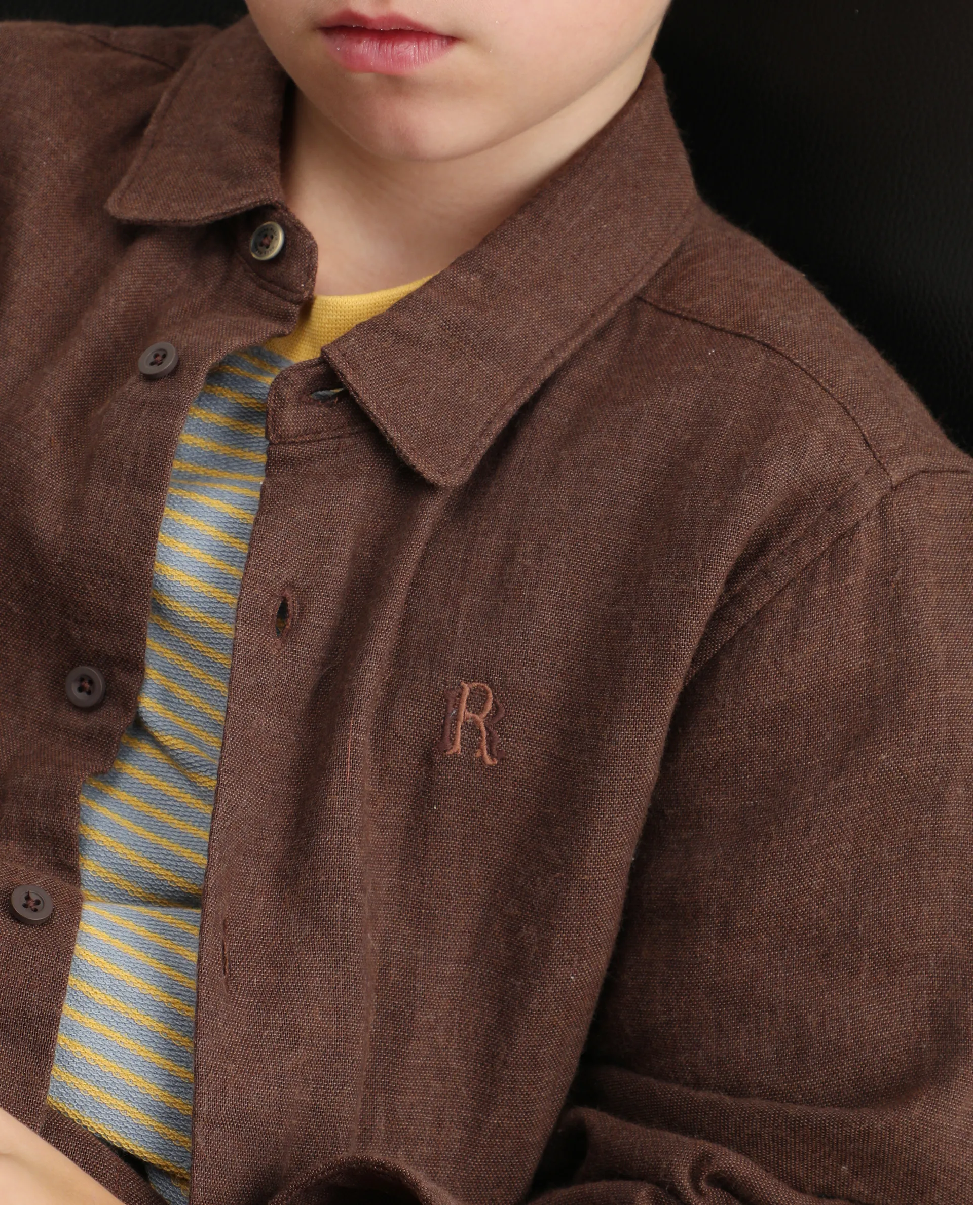 Rare Ones Kids Quen-S Brown Cotton Blend Plain Button Closure Regular Fit Shirt - Image 5