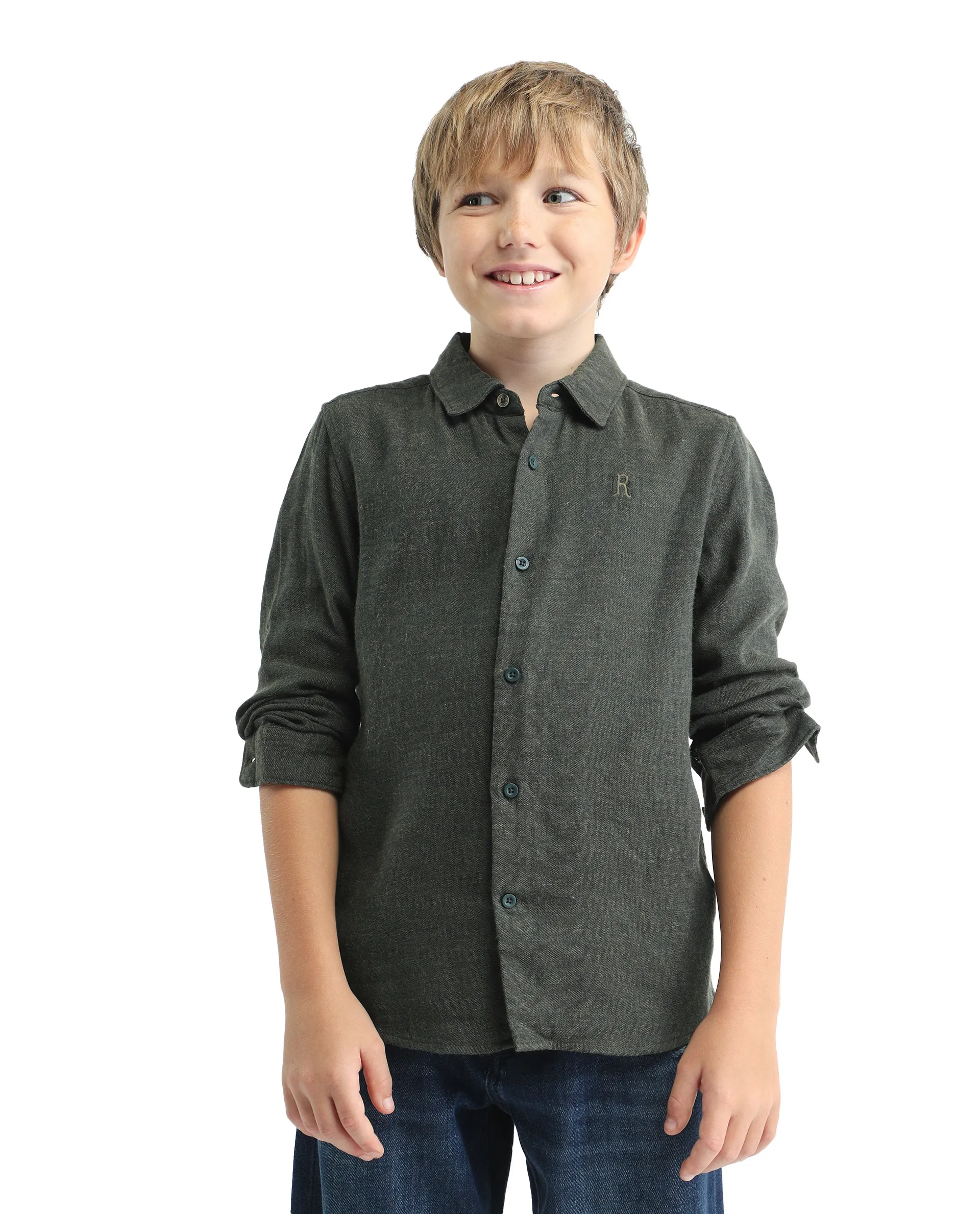 Rare Ones Kids Quen-S Green Cotton Blend Solid Button Closure Regular Fit Shirt - Image 4