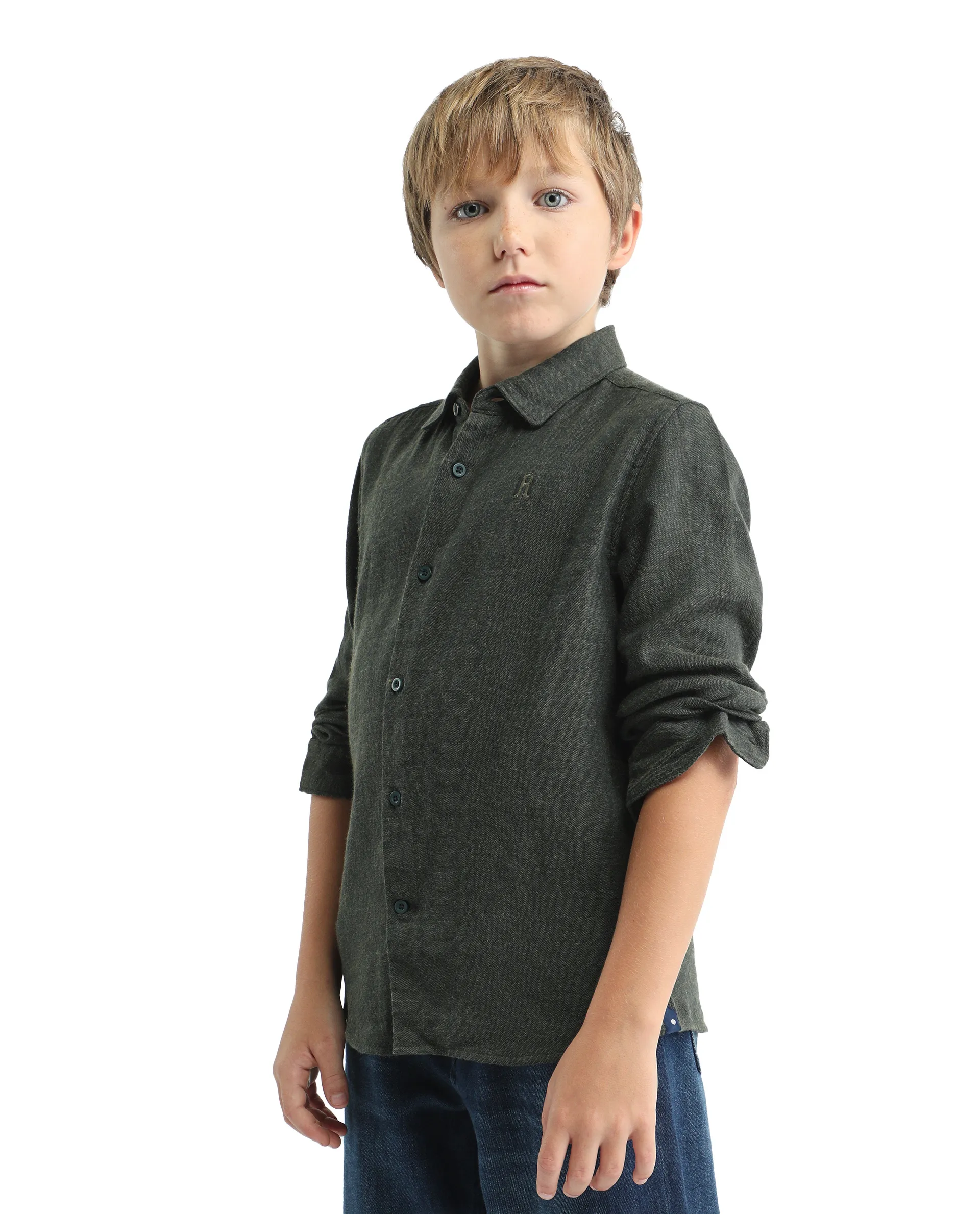 Rare Ones Kids Quen-S Green Cotton Blend Solid Button Closure Regular Fit Shirt - Image 5