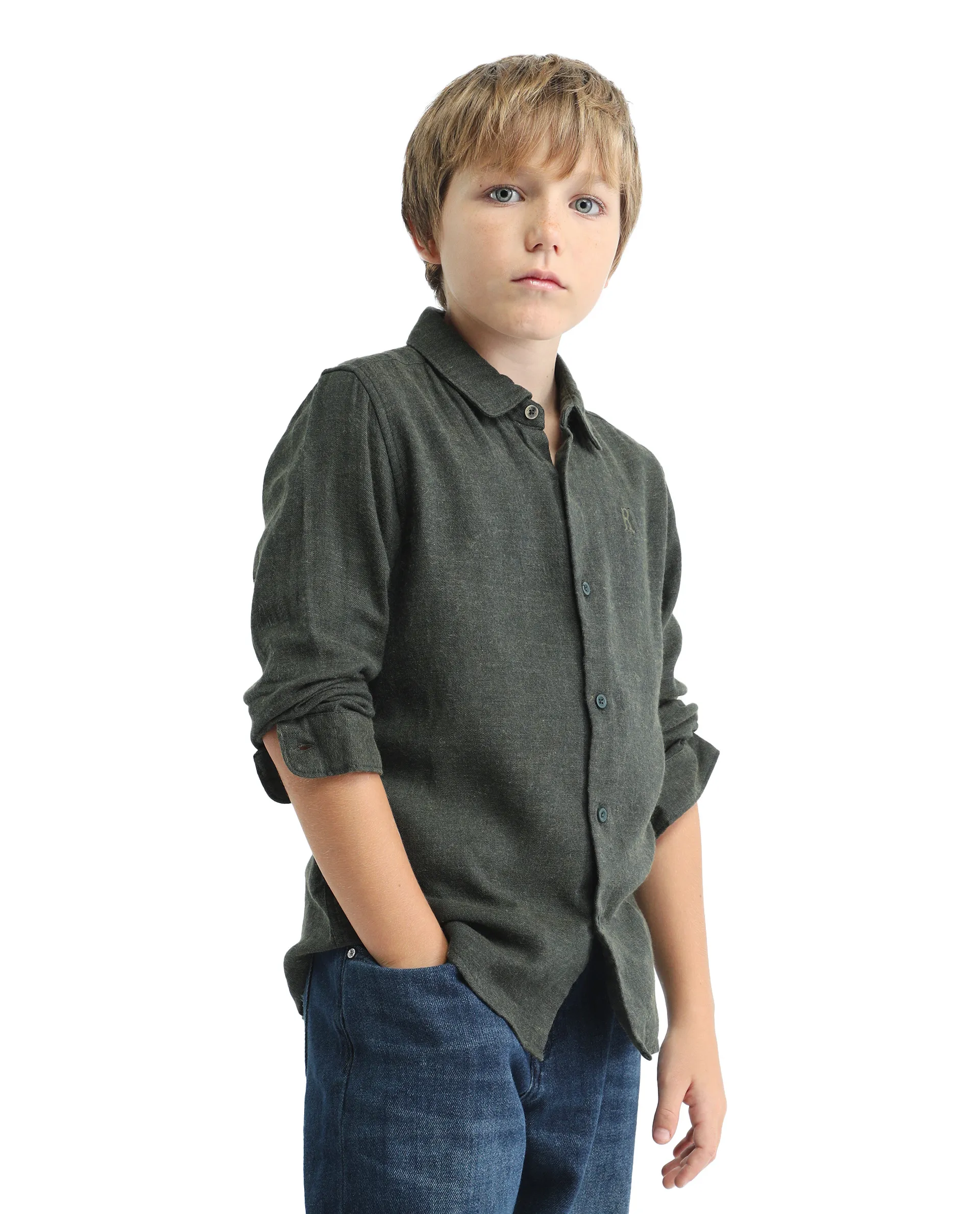 Rare Ones Kids Quen-S Green Cotton Blend Solid Button Closure Regular Fit Shirt - Image 6